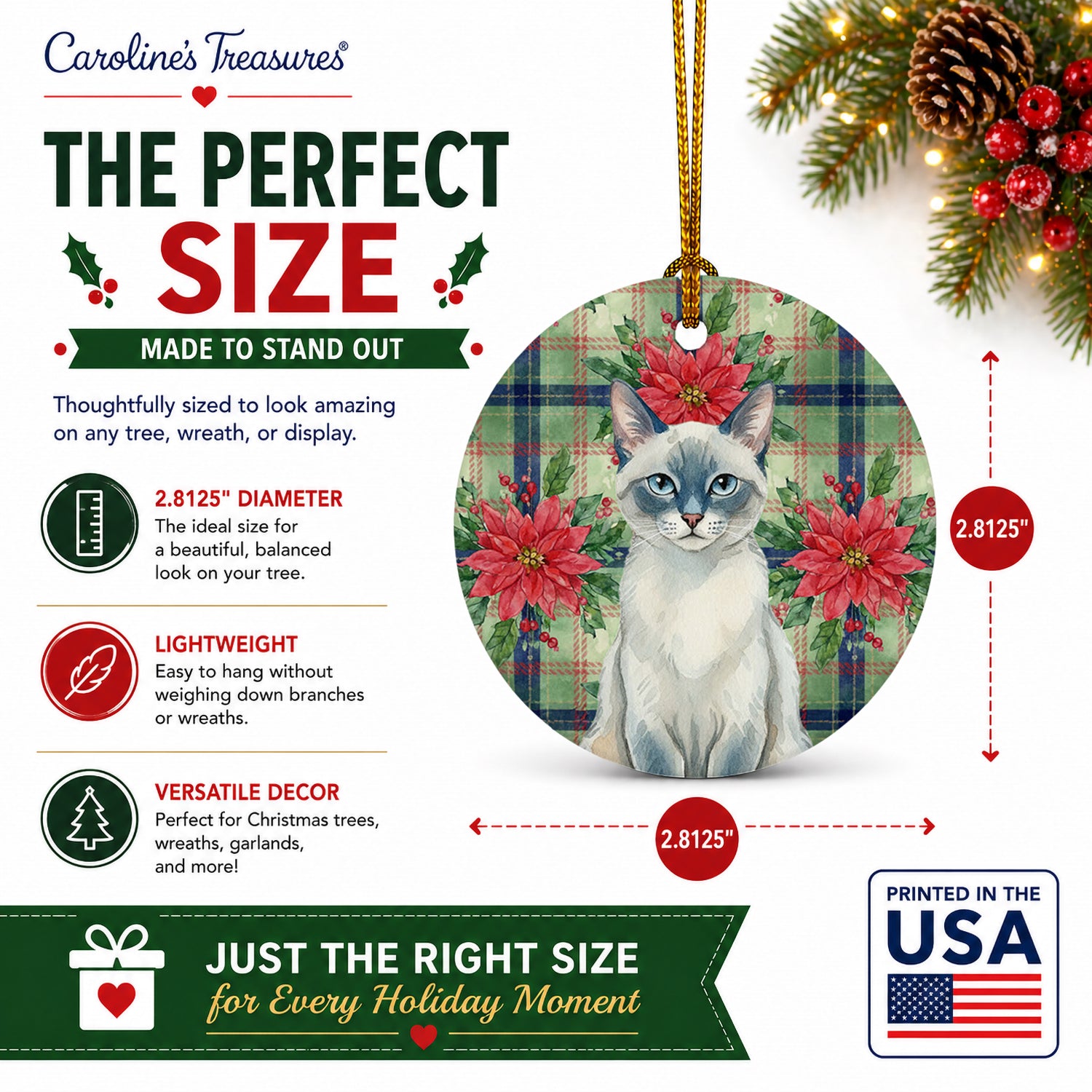 Blue Point Cat with Poinsettias Ceramic Ornament Christmas Tree Hanging Decorations for Home Christmas Holiday, Party, Gift, 3 in, Multicolor