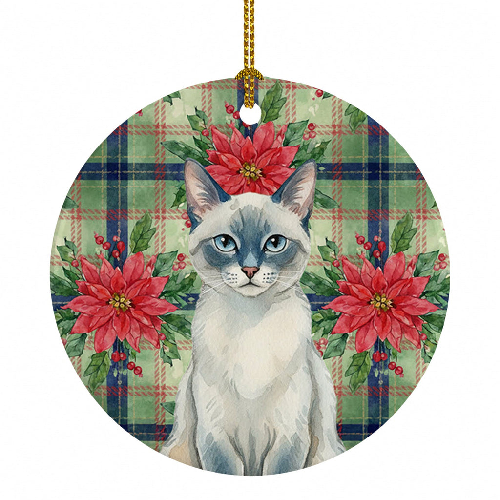 Blue Point Cat with Poinsettias Ceramic Ornament Christmas Tree Hanging Decorations for Home Christmas Holiday, Party, Gift, 3 in, Multicolor