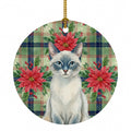 Blue Point Cat with Poinsettias Ceramic Ornament Christmas Tree Hanging Decorations for Home Christmas Holiday, Party, Gift, 3 in, Multicolor
