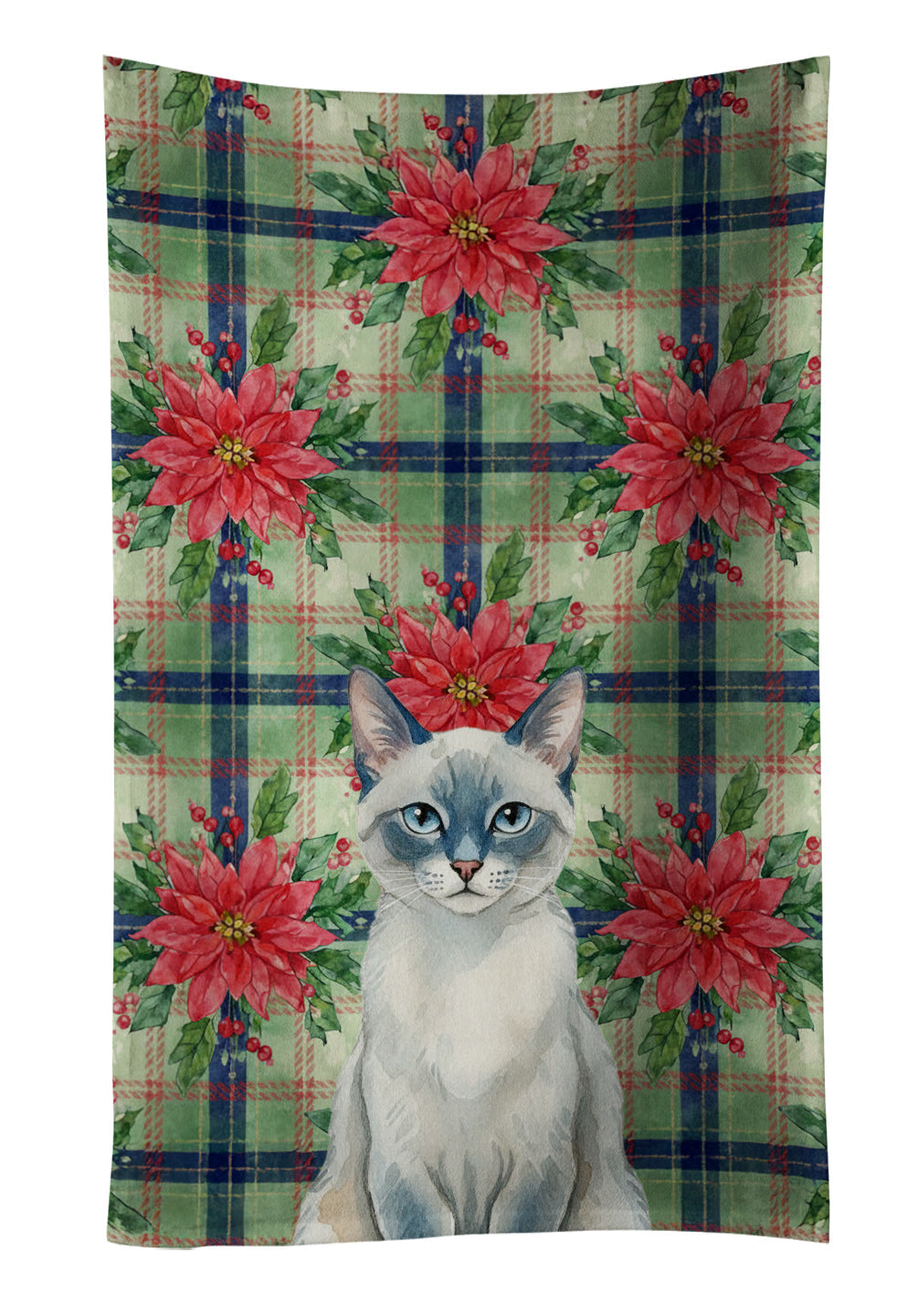 Blue Point Cat with Poinsettias Kitchen Towel Velour Plush Front and Cotton Loop Back Machine Washable