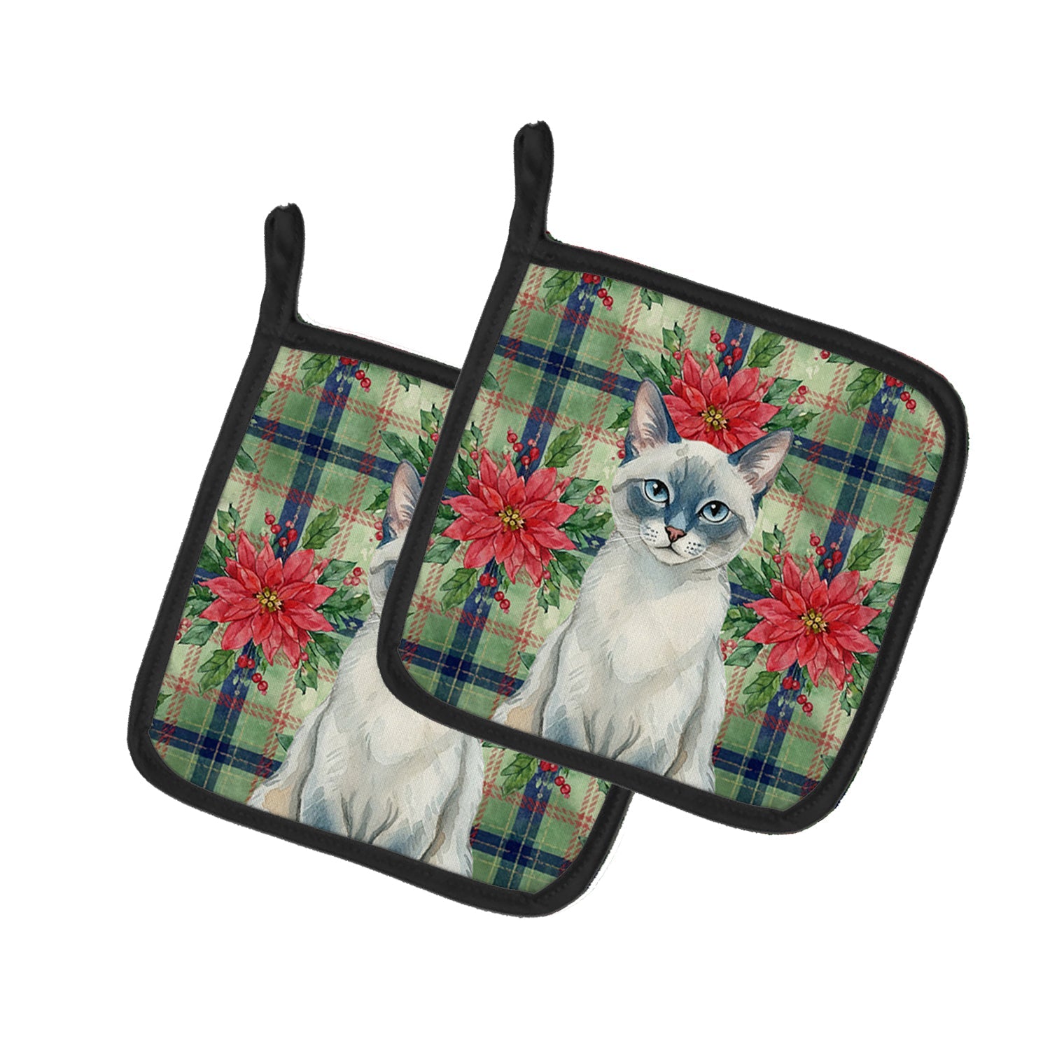 Blue Point Cat with Poinsettias Pot Holder Set of 2 Heat Resistant Quilted Hot Pads 7.5 x 7.5 Inch, Insulated Kitchen Trivets for Cooking & Baking