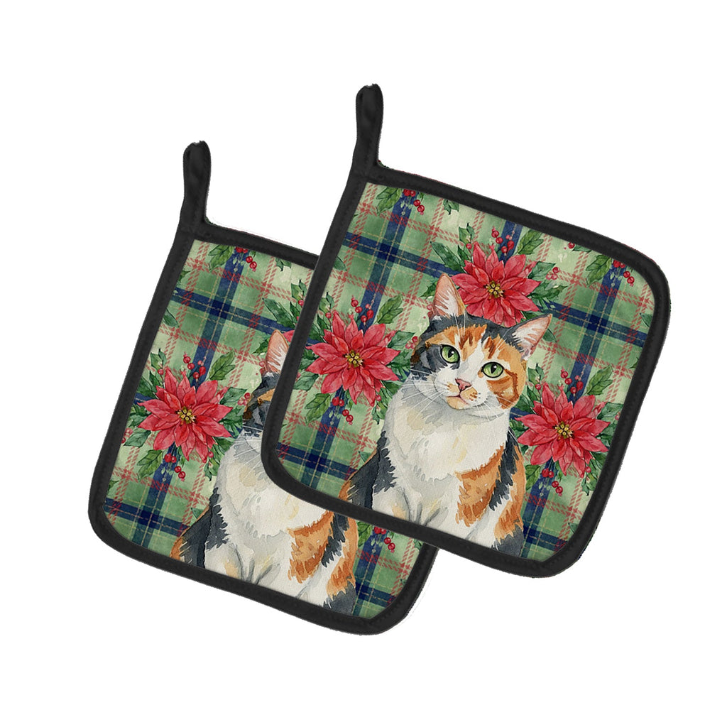 Calico Cat with Poinsettias Pot Holder Set of 2 Heat Resistant Quilted Hot Pads 7.5 x 7.5 Inch, Insulated Kitchen Trivets for Cooking & Baking