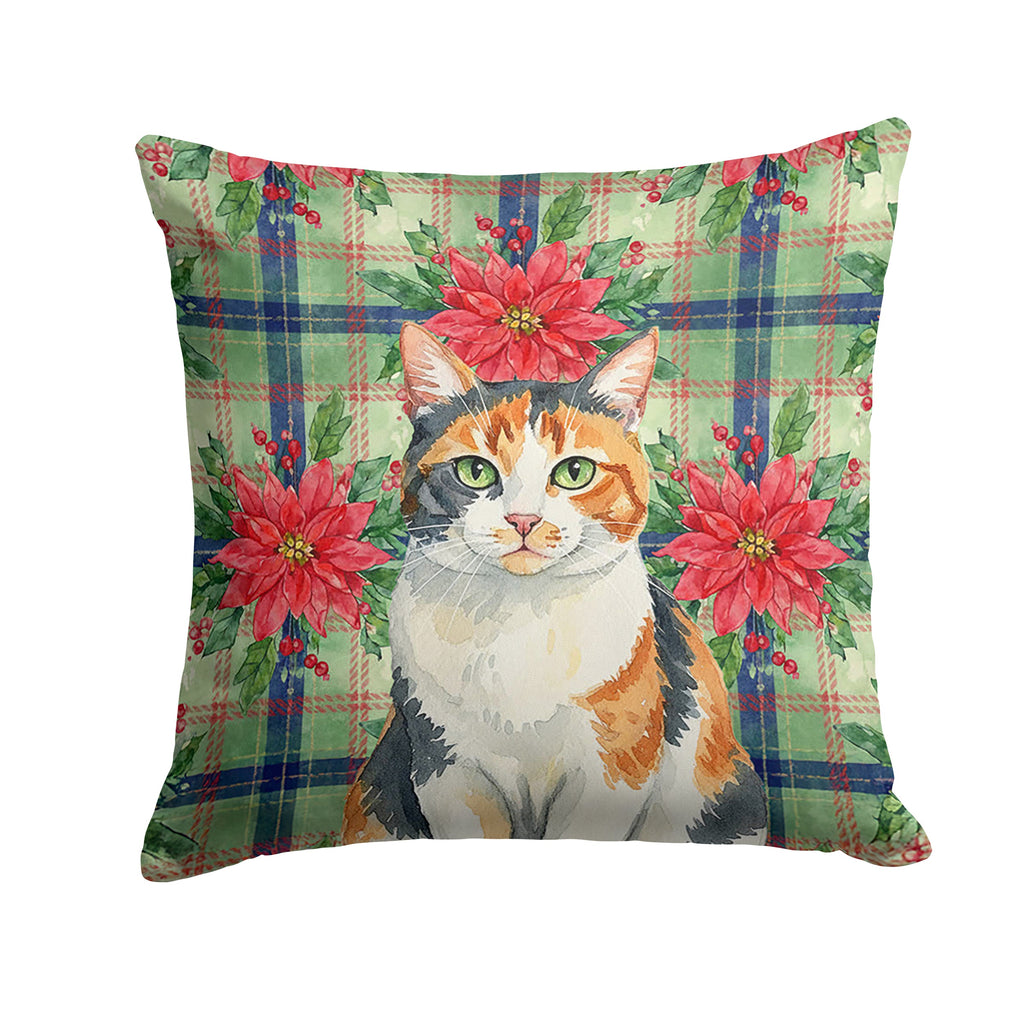 Calico Cat with Poinsettias Decorative Throw Pillow 18x18 Indoor Outdoor Accent Cushion, Fabric Cover with Insert for Sofa, Bed, Porch & Living Room