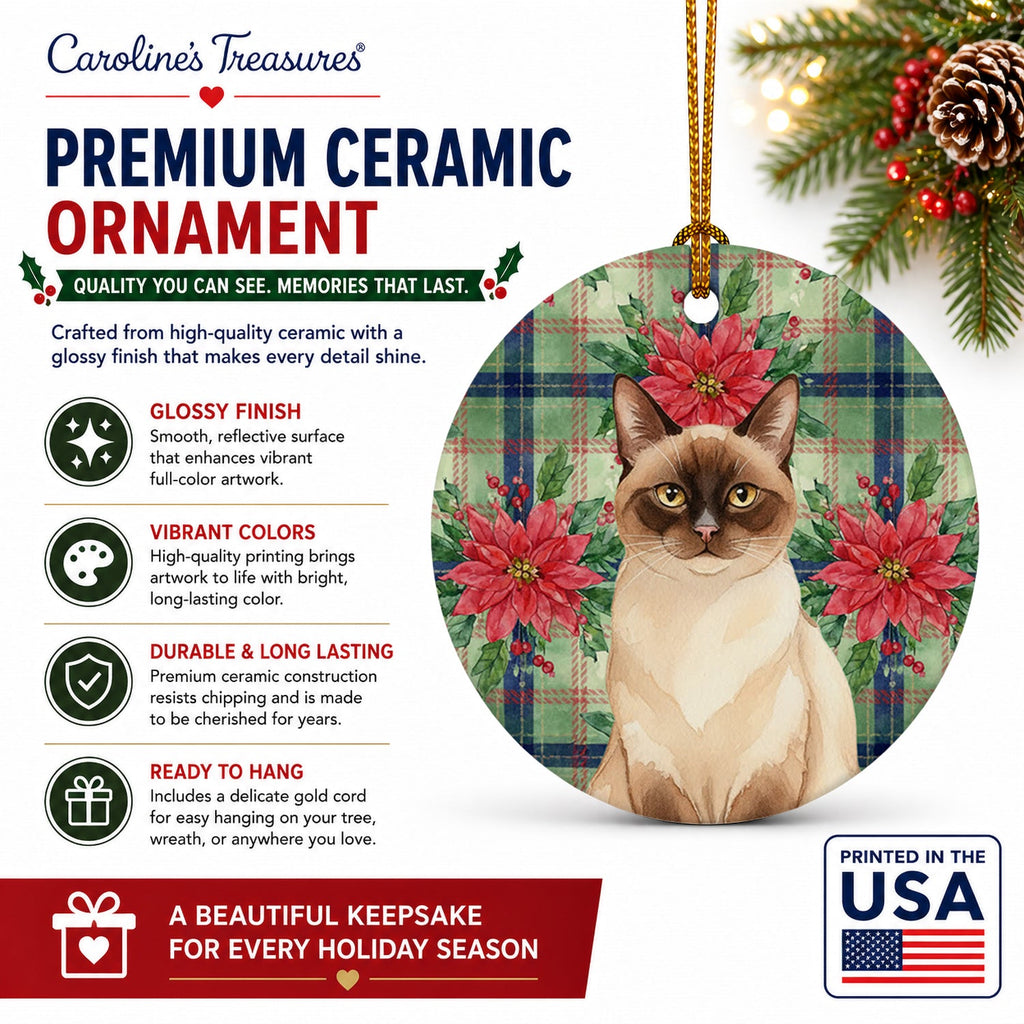 Chocolate Point Cat with Poinsettias Ceramic Ornament Christmas Tree Hanging Decorations for Home Christmas Holiday, Party, Gift, 3 in, Multicolor