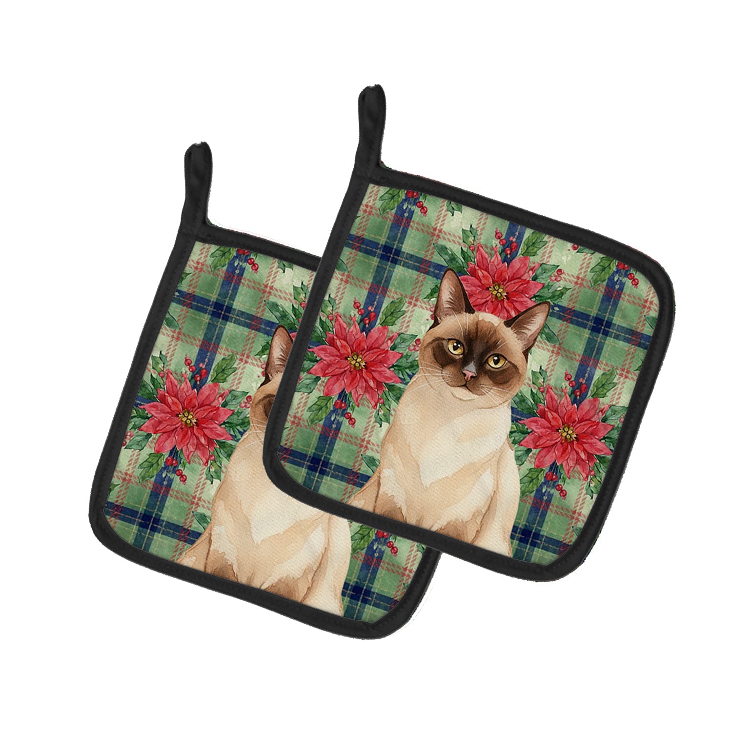 Chocolate Point Cat with Poinsettias Pot Holder Set of 2 Heat Resistant Quilted Hot Pads 7.5 x 7.5 Inch, Insulated Kitchen Trivets for Cooking & Baking