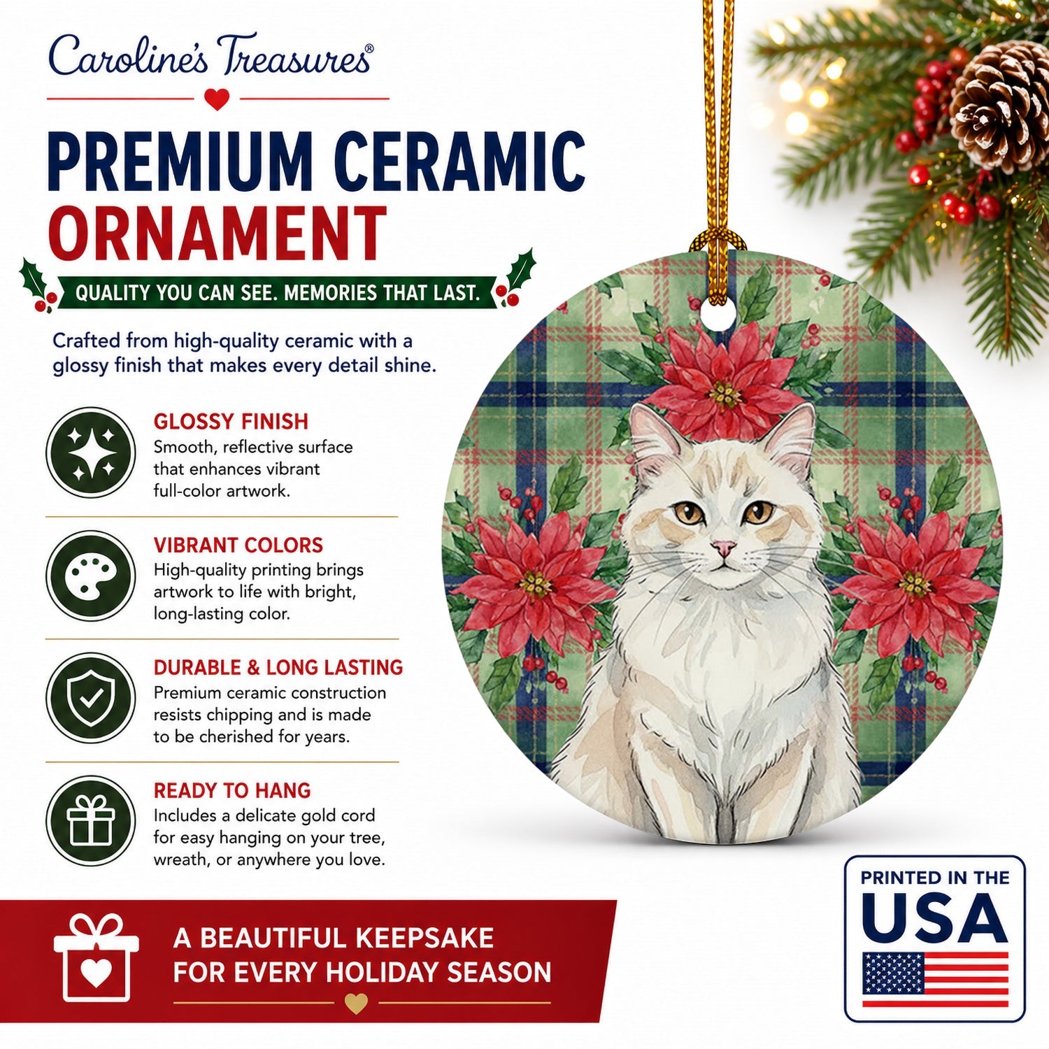 Cream and White Cat with Poinsettias Ceramic Ornament Christmas Tree Hanging Decorations for Home Christmas Holiday, Party, Gift, 3 in, Multicolor