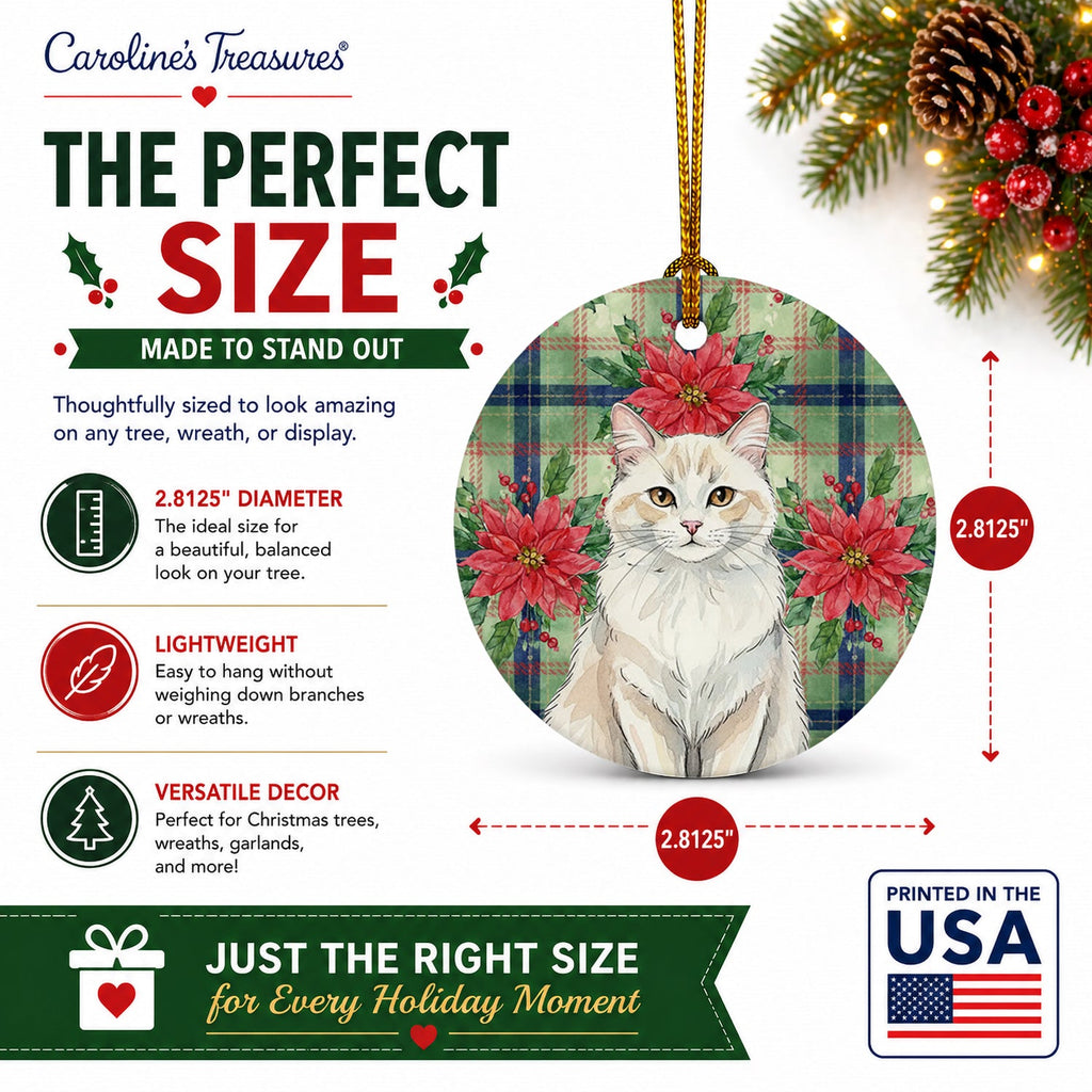 Cream and White Cat with Poinsettias Ceramic Ornament Christmas Tree Hanging Decorations for Home Christmas Holiday, Party, Gift, 3 in, Multicolor