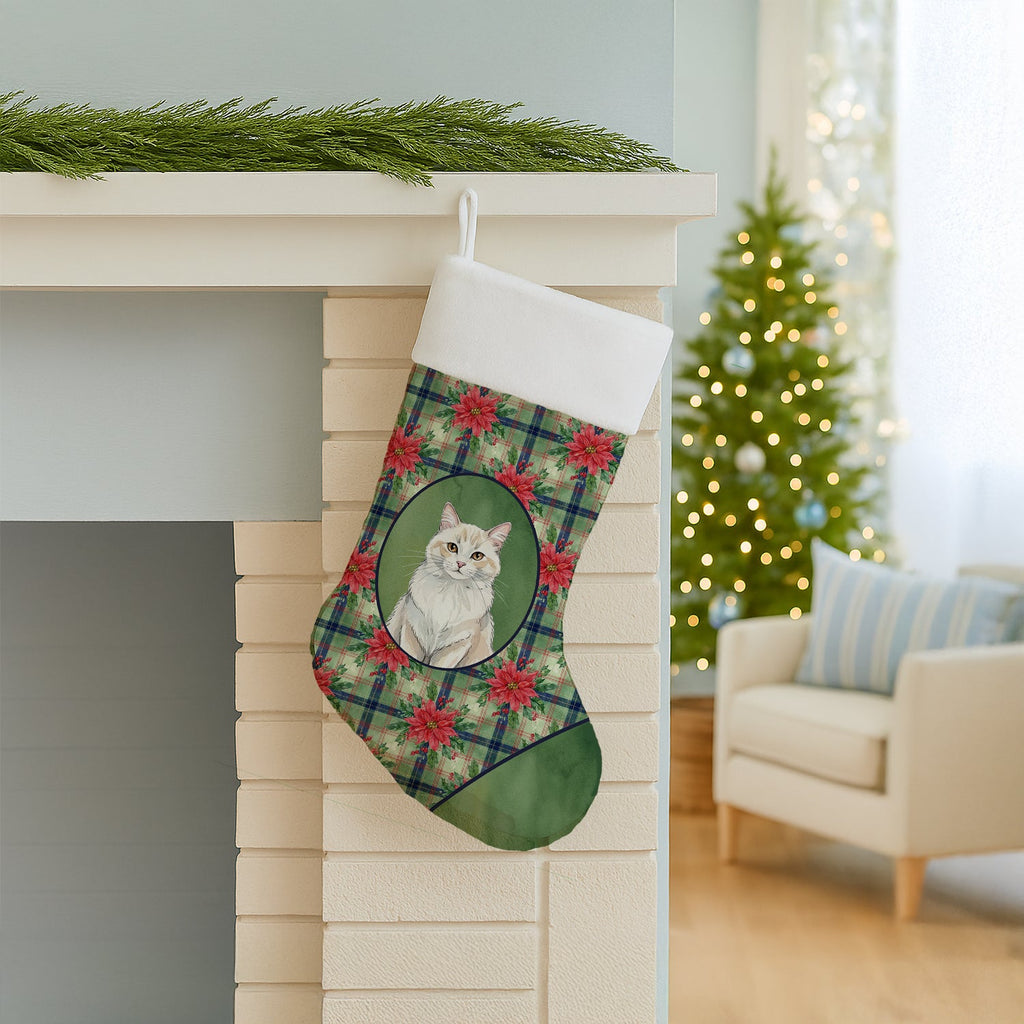 Cream and White Cat with Poinsettias Holiday Stocking Double-Sided Print, Polyester Suede,11x18, Made in USA