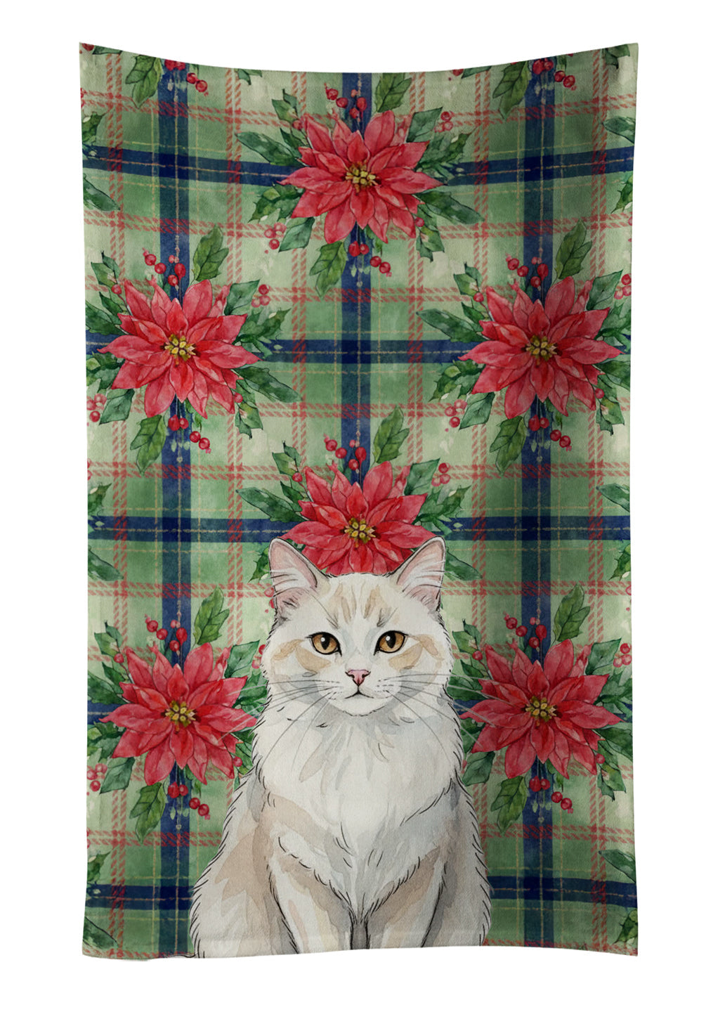 Cream and White Cat with Poinsettias Kitchen Towel Velour Plush Front and Cotton Loop Back Machine Washable