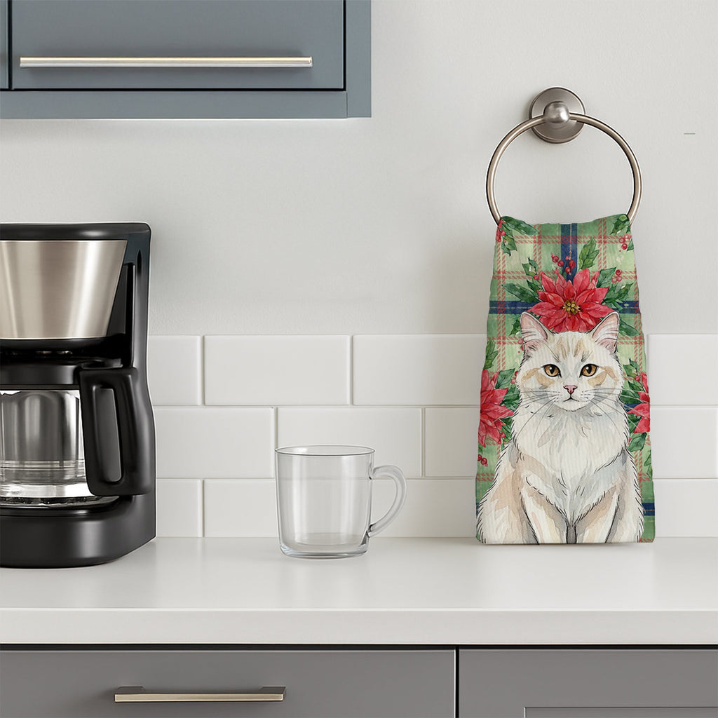 Cream and White Cat with Poinsettias Kitchen Towel Velour Plush Front and Cotton Loop Back Machine Washable