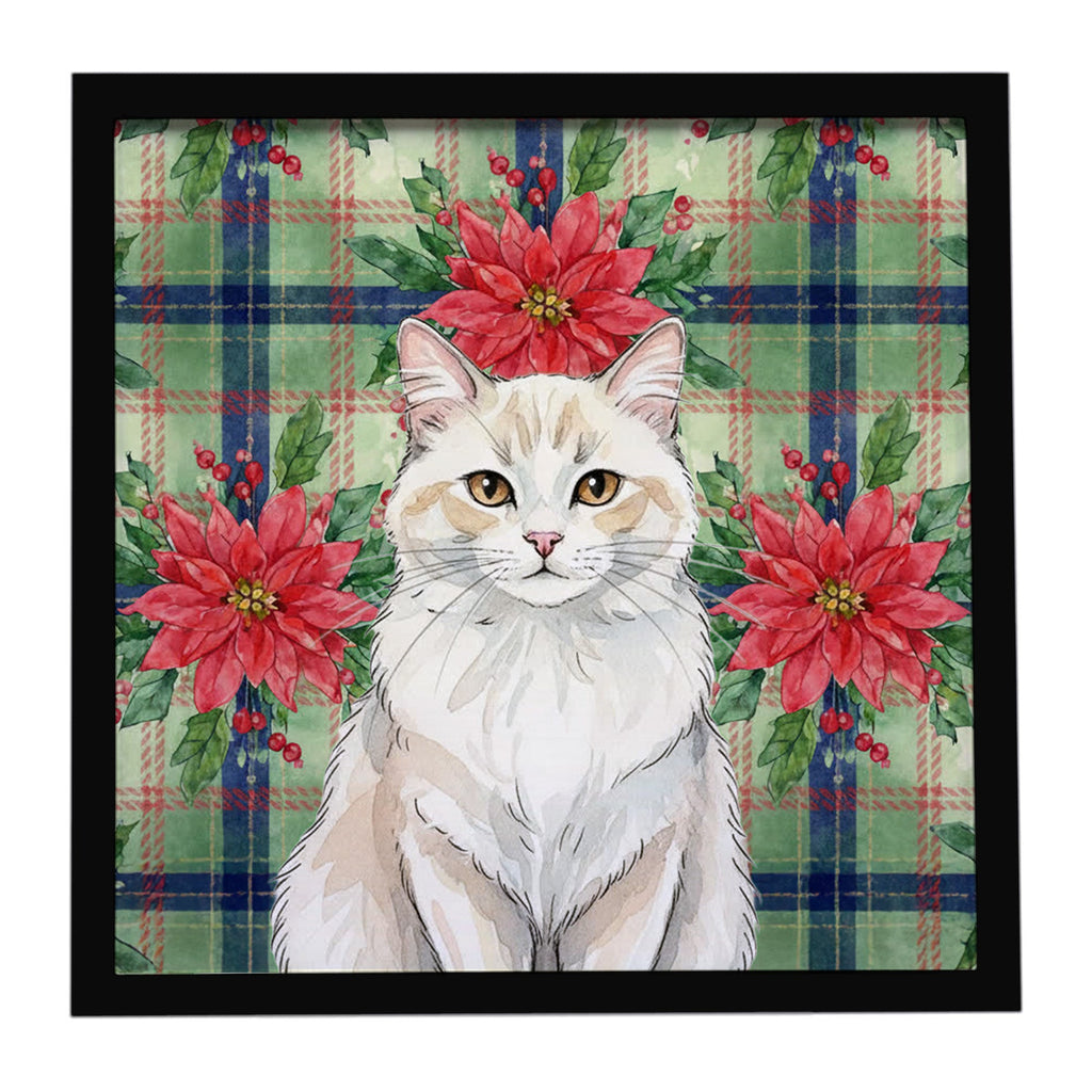 Cream and White Cat with Poinsettias Framed Metal Print Bathroom, Kitchen, Office, Home Decor Wall Art Ready to Hang, Square, 8X8