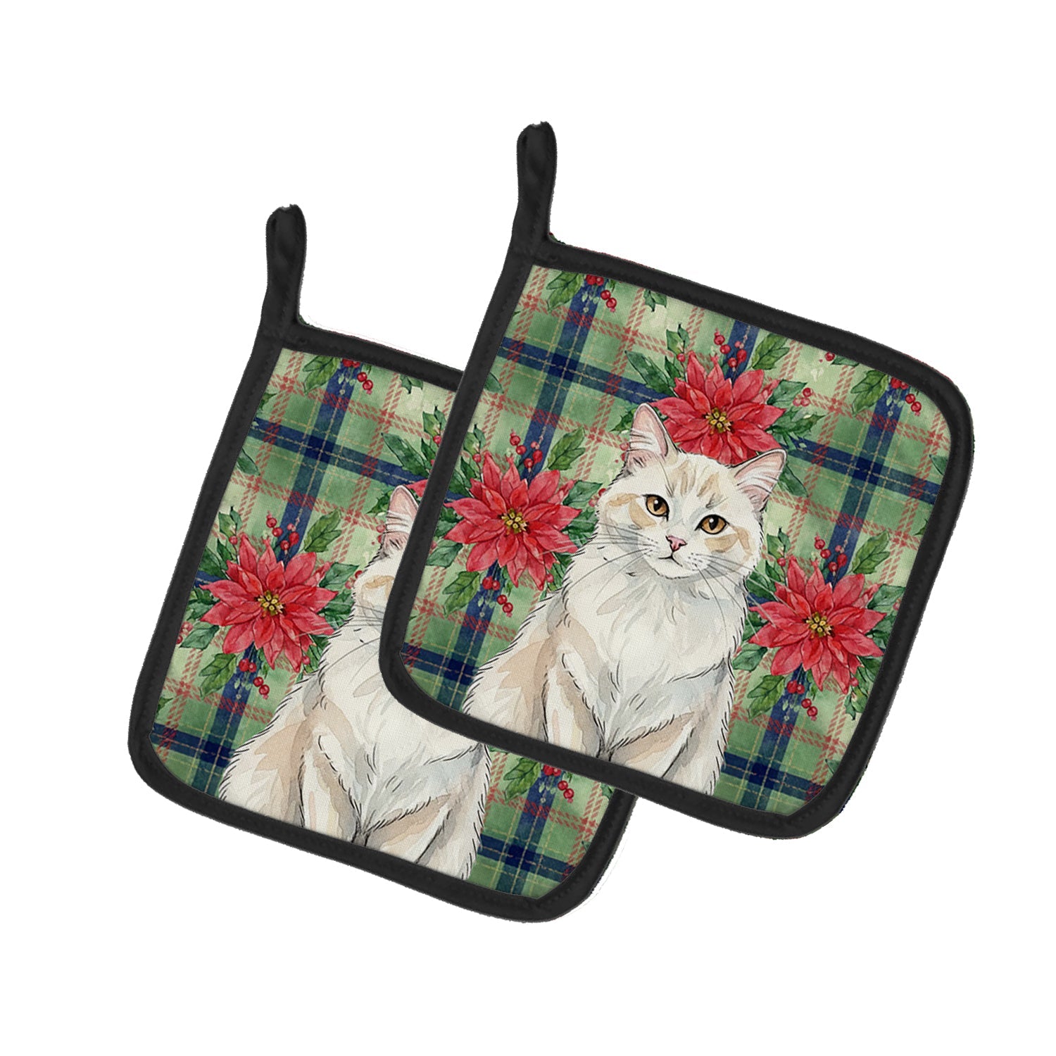 Cream and White Cat with Poinsettias Pot Holder Set of 2 Heat Resistant Quilted Hot Pads 7.5 x 7.5 Inch, Insulated Kitchen Trivets for Cooking & Baking