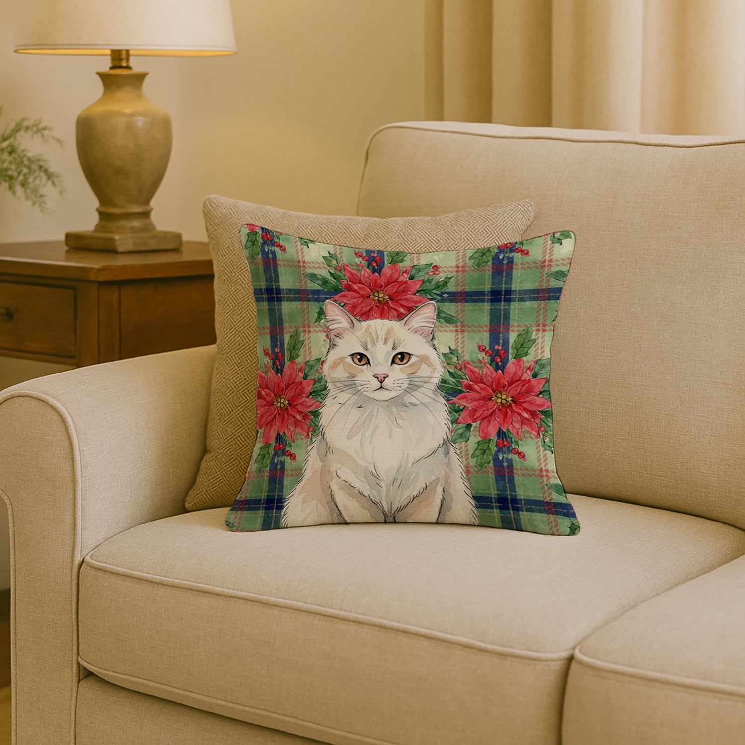 Cream and White Cat with Poinsettias Decorative Throw Pillow 18x18 Indoor Outdoor Accent Cushion, Fabric Cover with Insert for Sofa, Bed, Porch & Living Room
