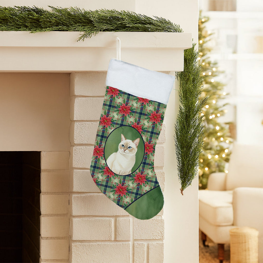 Cream Point Cat with Poinsettias Holiday Stocking Double-Sided Print, Polyester Suede,11x18, Made in USA