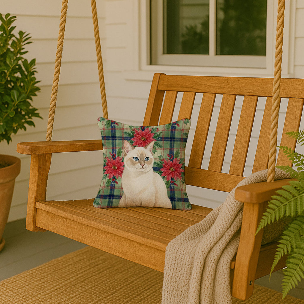 Cream Point Cat with Poinsettias Decorative Throw Pillow 14x14 Indoor Outdoor Accent Cushion, Fabric Cover with Insert for Sofa, Bed, Porch & Living Room