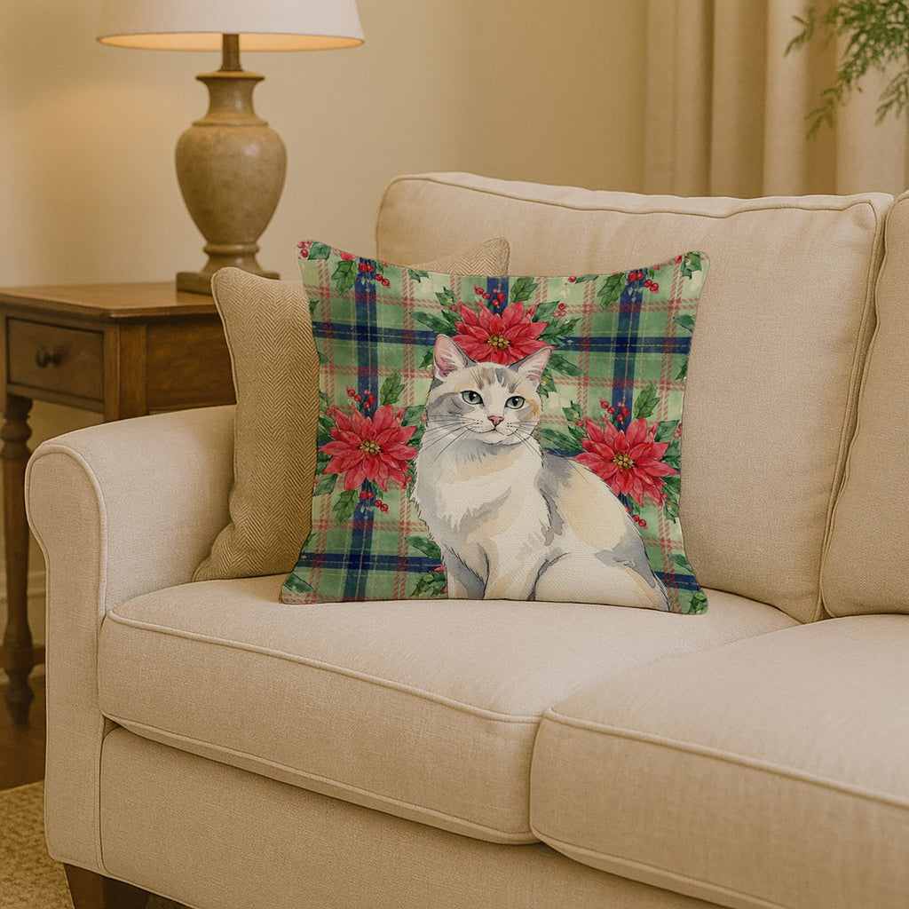 Dilute Calico Cat with Poinsettias Decorative Throw Pillow 14x14 Indoor Outdoor Accent Cushion, Fabric Cover with Insert for Sofa, Bed, Porch & Living Room