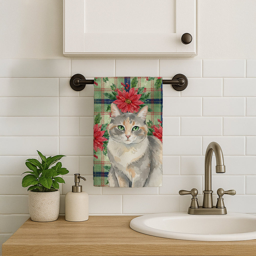 Dilute Tortoiseshell Cat with Poinsettias Kitchen Towel Velour Plush Front and Cotton Loop Back Machine Washable