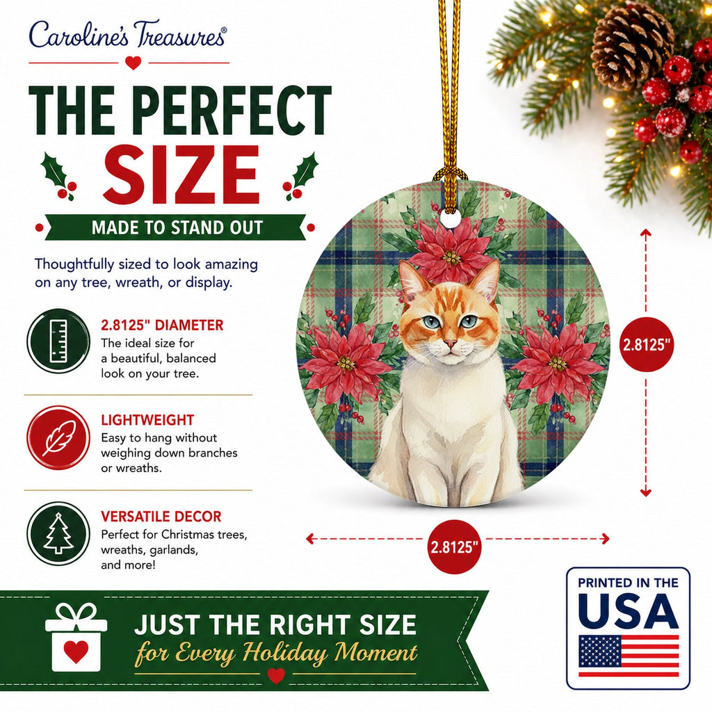 Flame Point Cat with Poinsettias Ceramic Ornament Christmas Tree Hanging Decorations for Home Christmas Holiday, Party, Gift, 3 in, Multicolor