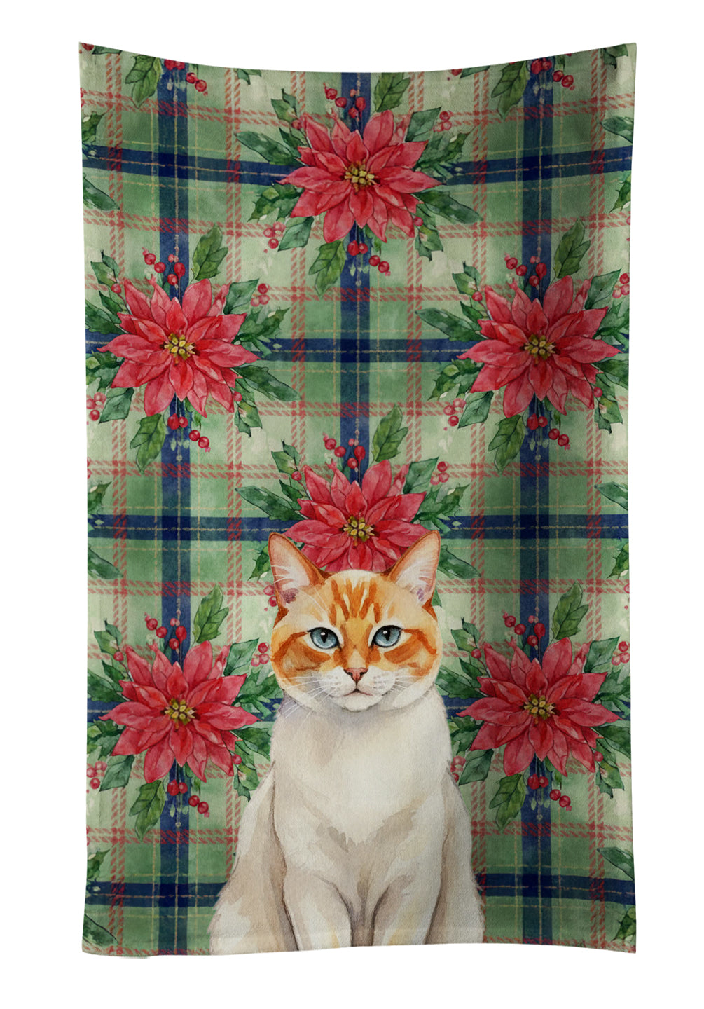 Flame Point Cat with Poinsettias Kitchen Towel Velour Plush Front and Cotton Loop Back Machine Washable