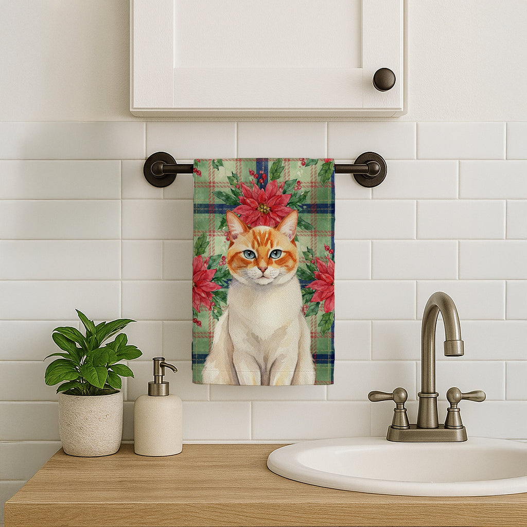 Flame Point Cat with Poinsettias Kitchen Towel Velour Plush Front and Cotton Loop Back Machine Washable