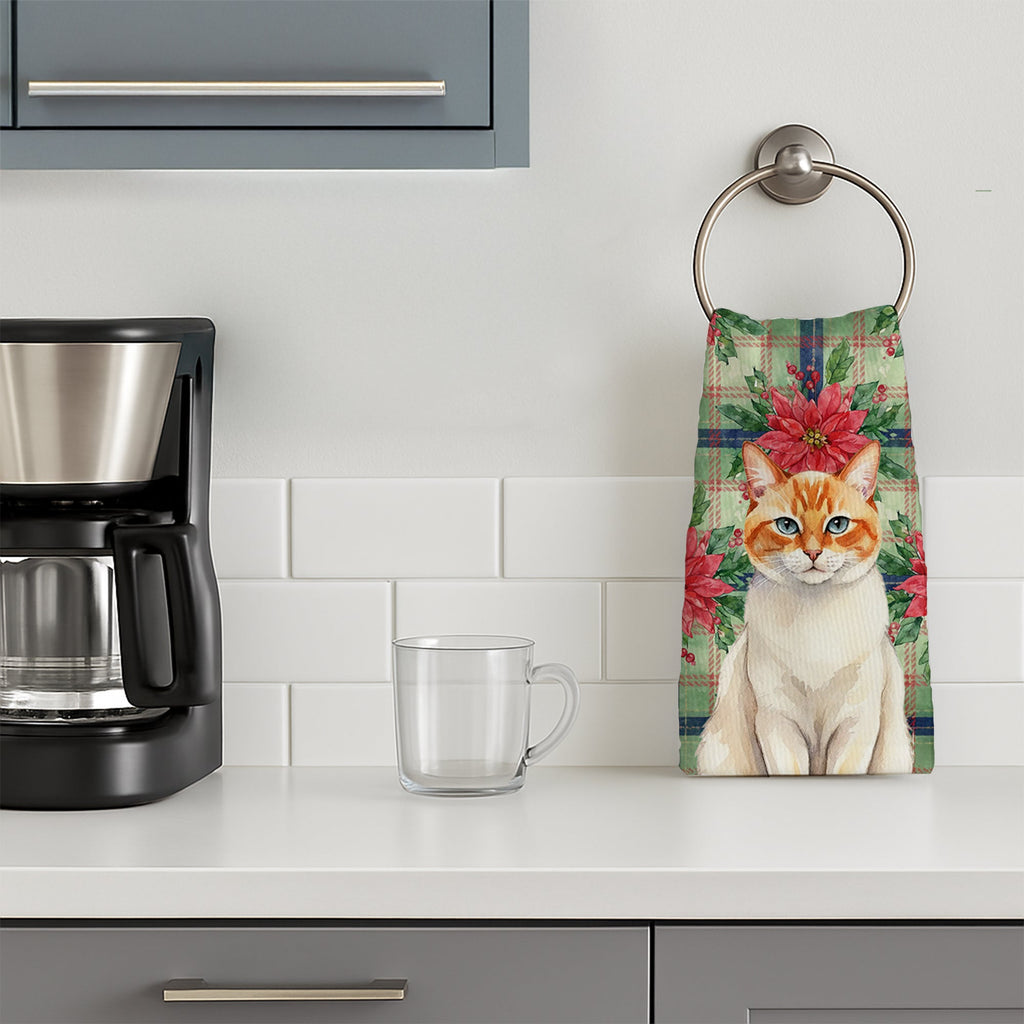Flame Point Cat with Poinsettias Kitchen Towel Velour Plush Front and Cotton Loop Back Machine Washable