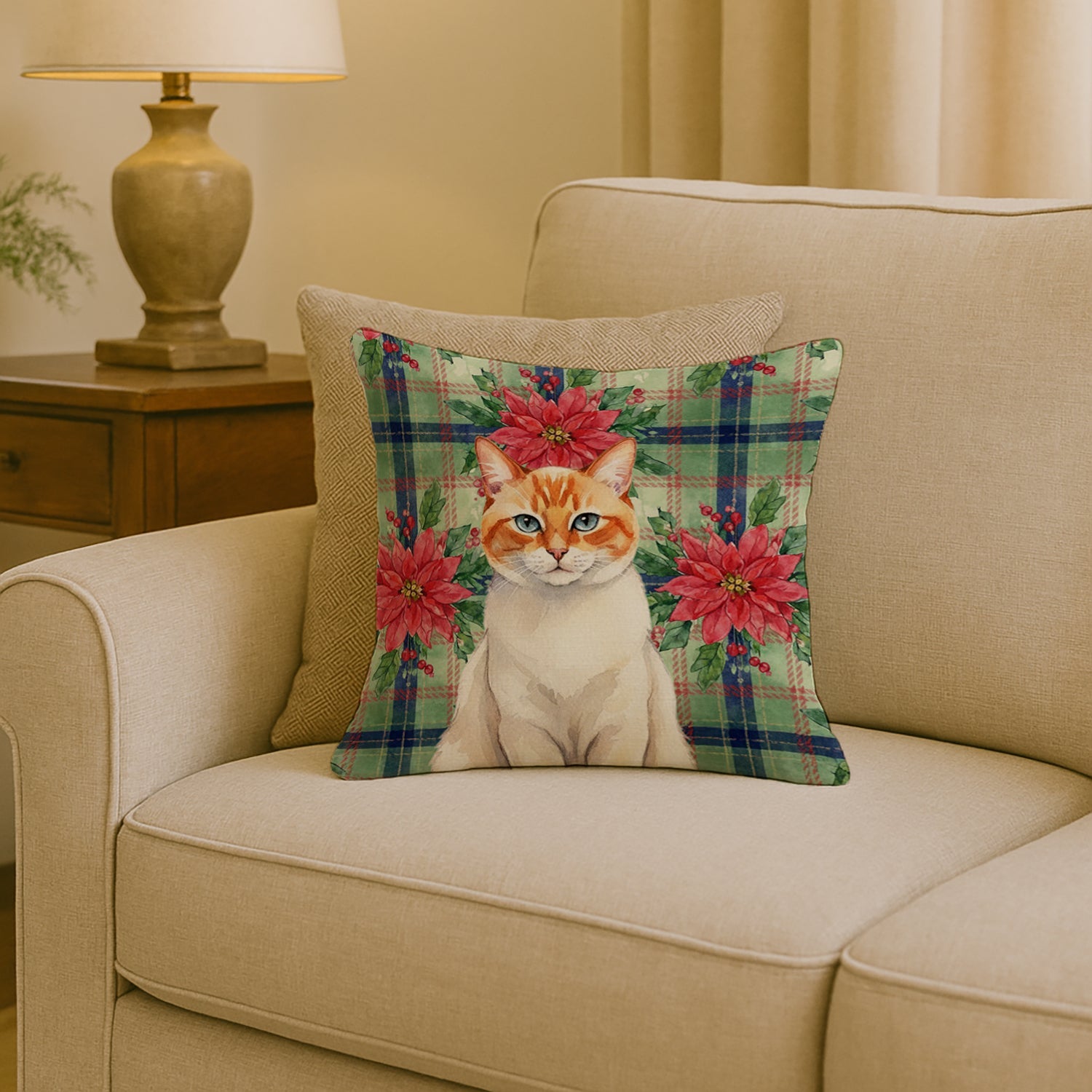 Flame Point Cat with Poinsettias Decorative Throw Pillow 18x18 Indoor Outdoor Accent Cushion, Fabric Cover with Insert for Sofa, Bed, Porch & Living Room