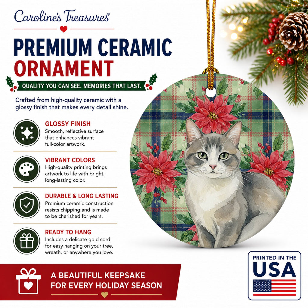 Gray and White Cat with Poinsettias Ceramic Ornament Christmas Tree Hanging Decorations for Home Christmas Holiday, Party, Gift, 3 in, Multicolor