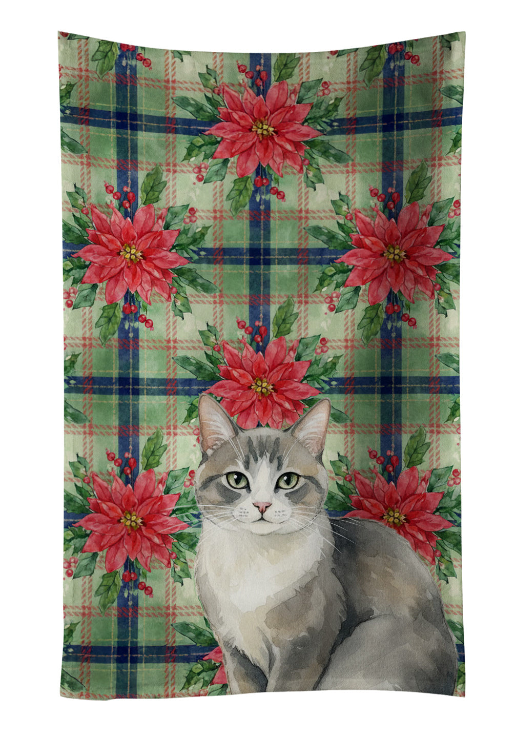 Gray and White Cat with Poinsettias Kitchen Towel Velour Plush Front and Cotton Loop Back Machine Washable