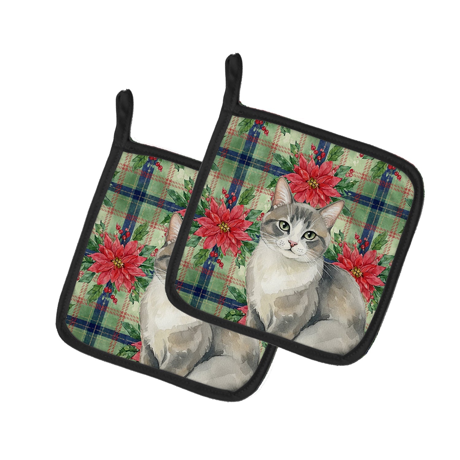 Gray and White Cat with Poinsettias Pot Holder Set of 2 Heat Resistant Quilted Hot Pads 7.5 x 7.5 Inch, Insulated Kitchen Trivets for Cooking & Baking