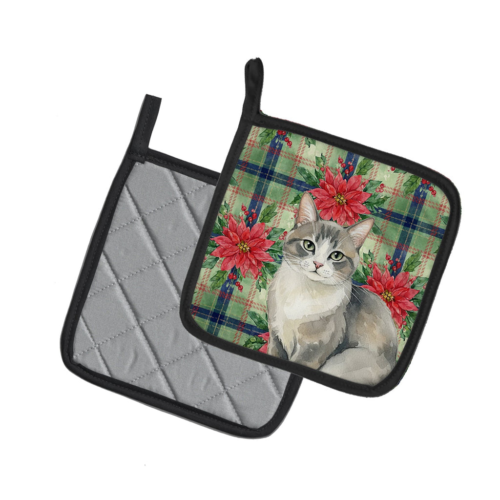 Gray and White Cat with Poinsettias Pot Holder Set of 2 Heat Resistant Quilted Hot Pads 7.5 x 7.5 Inch, Insulated Kitchen Trivets for Cooking & Baking