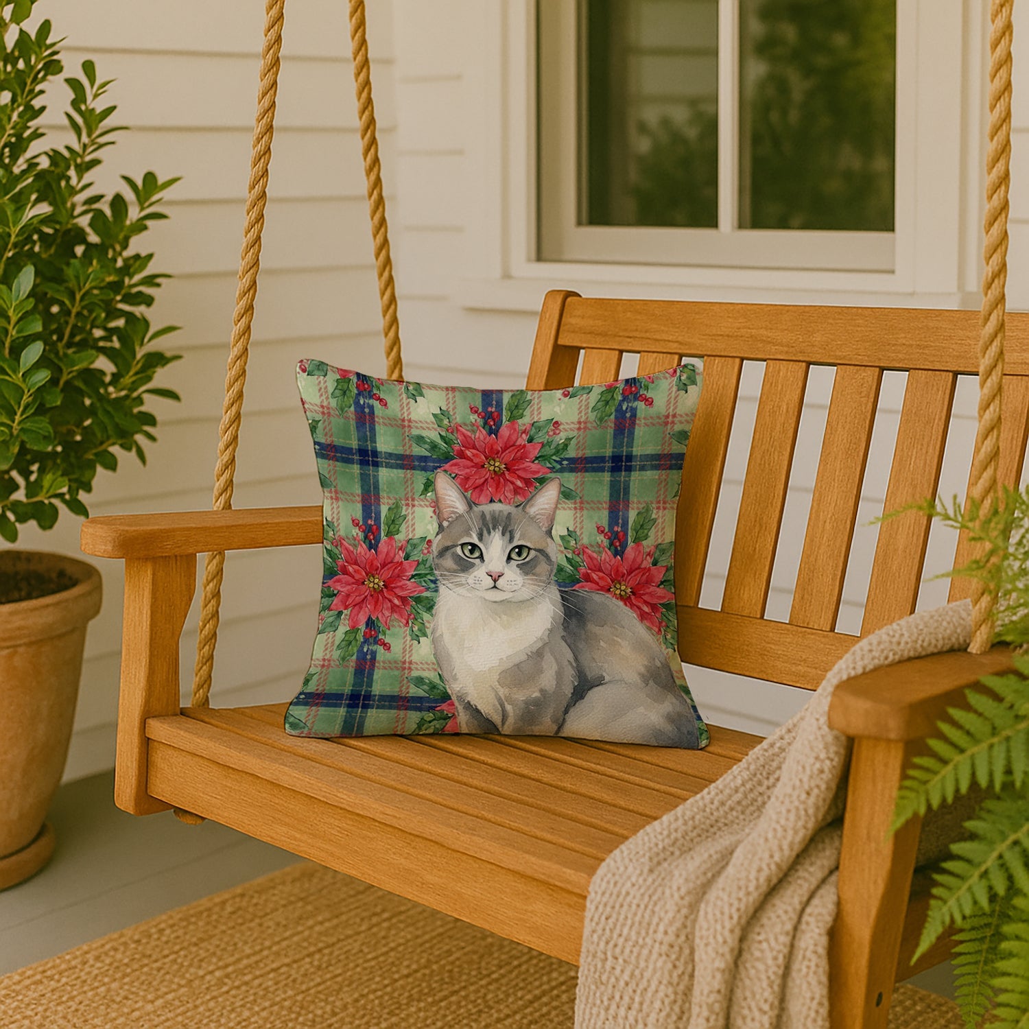 Gray and White Cat with Poinsettias Decorative Throw Pillow 18x18 Indoor Outdoor Accent Cushion, Fabric Cover with Insert for Sofa, Bed, Porch & Living Room