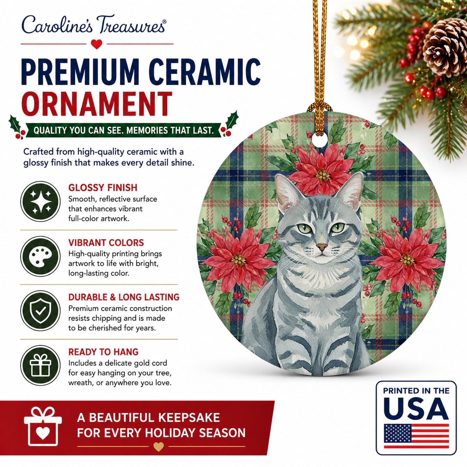 Gray Mackerel Tabby Cat with Poinsettias Ceramic Ornament Christmas Tree Hanging Decorations for Home Christmas Holiday, Party, Gift, 3 in, Multicolor