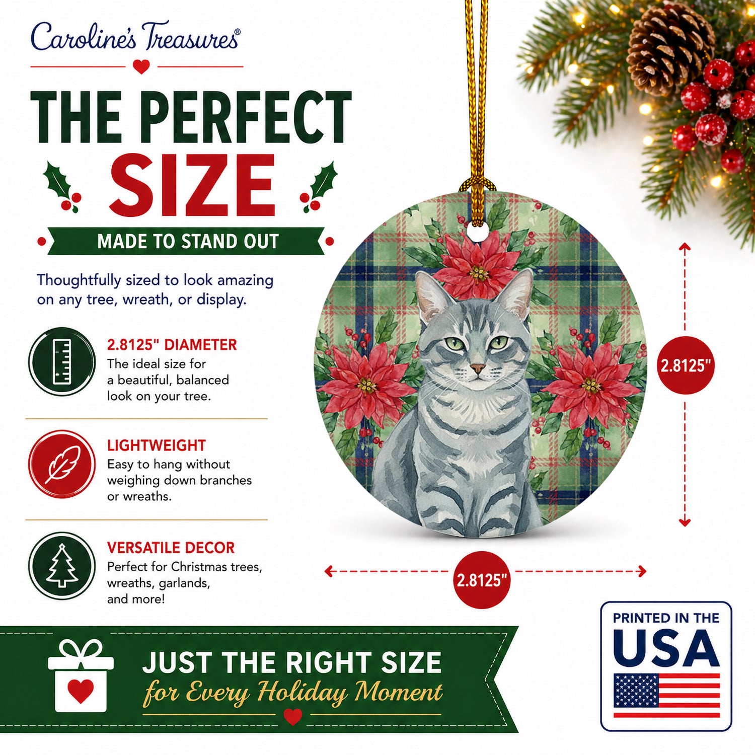 Gray Mackerel Tabby Cat with Poinsettias Ceramic Ornament Christmas Tree Hanging Decorations for Home Christmas Holiday, Party, Gift, 3 in, Multicolor