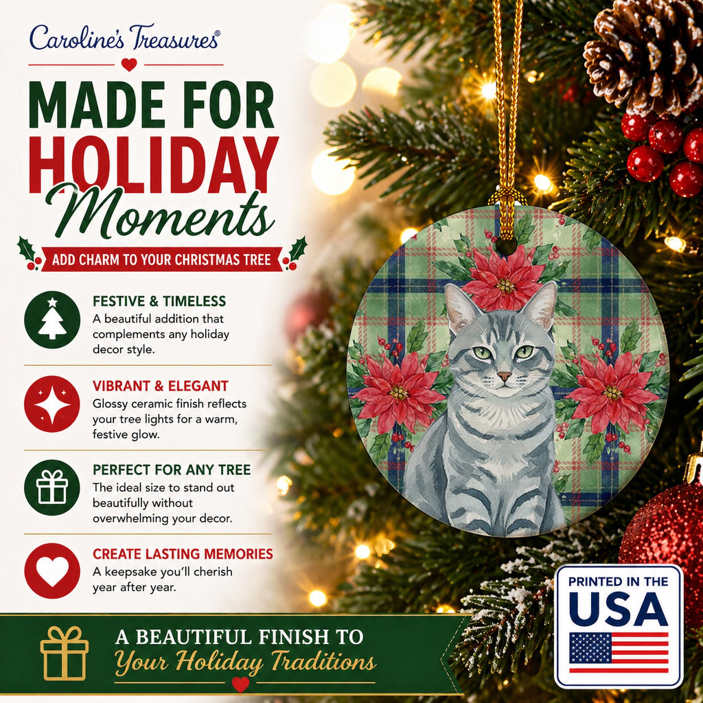 Gray Mackerel Tabby Cat with Poinsettias Ceramic Ornament Christmas Tree Hanging Decorations for Home Christmas Holiday, Party, Gift, 3 in, Multicolor