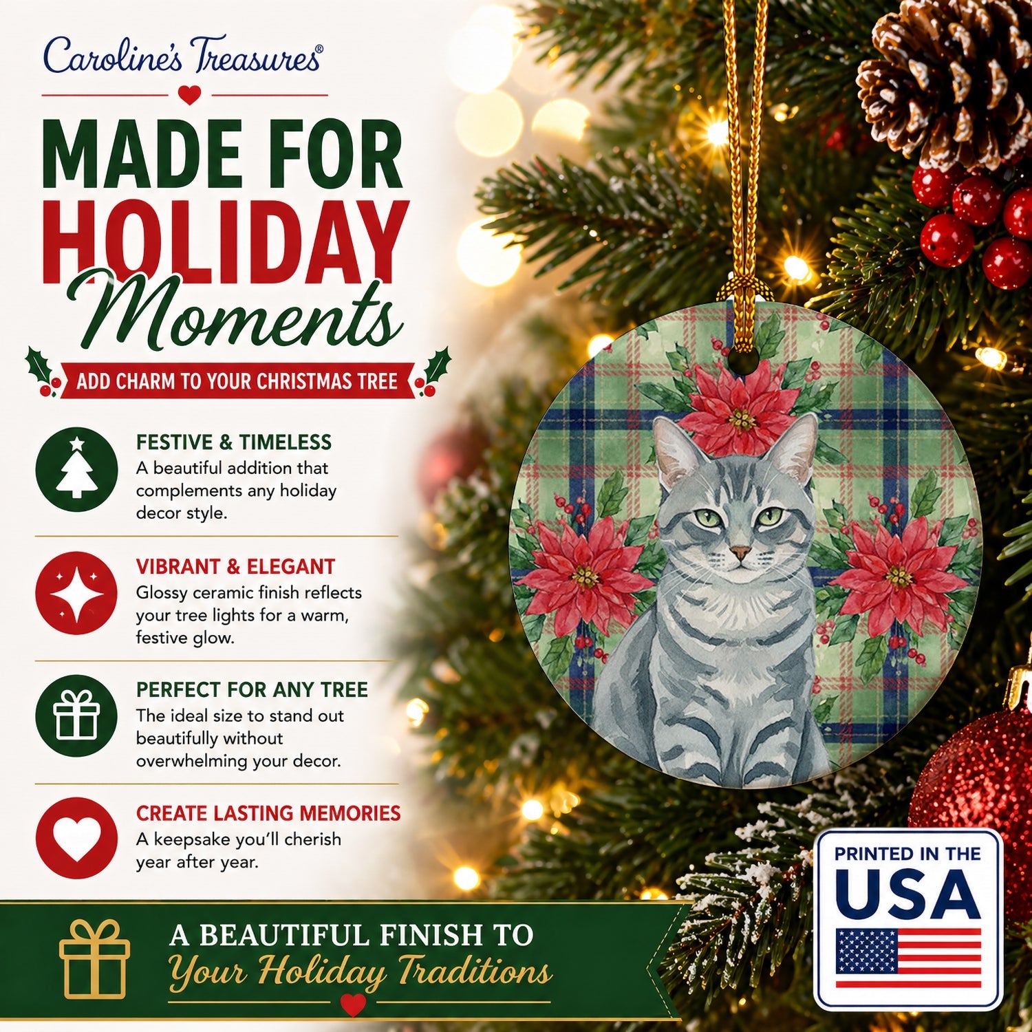 Gray Mackerel Tabby Cat with Poinsettias Ceramic Ornament Christmas Tree Hanging Decorations for Home Christmas Holiday, Party, Gift, 3 in, Multicolor