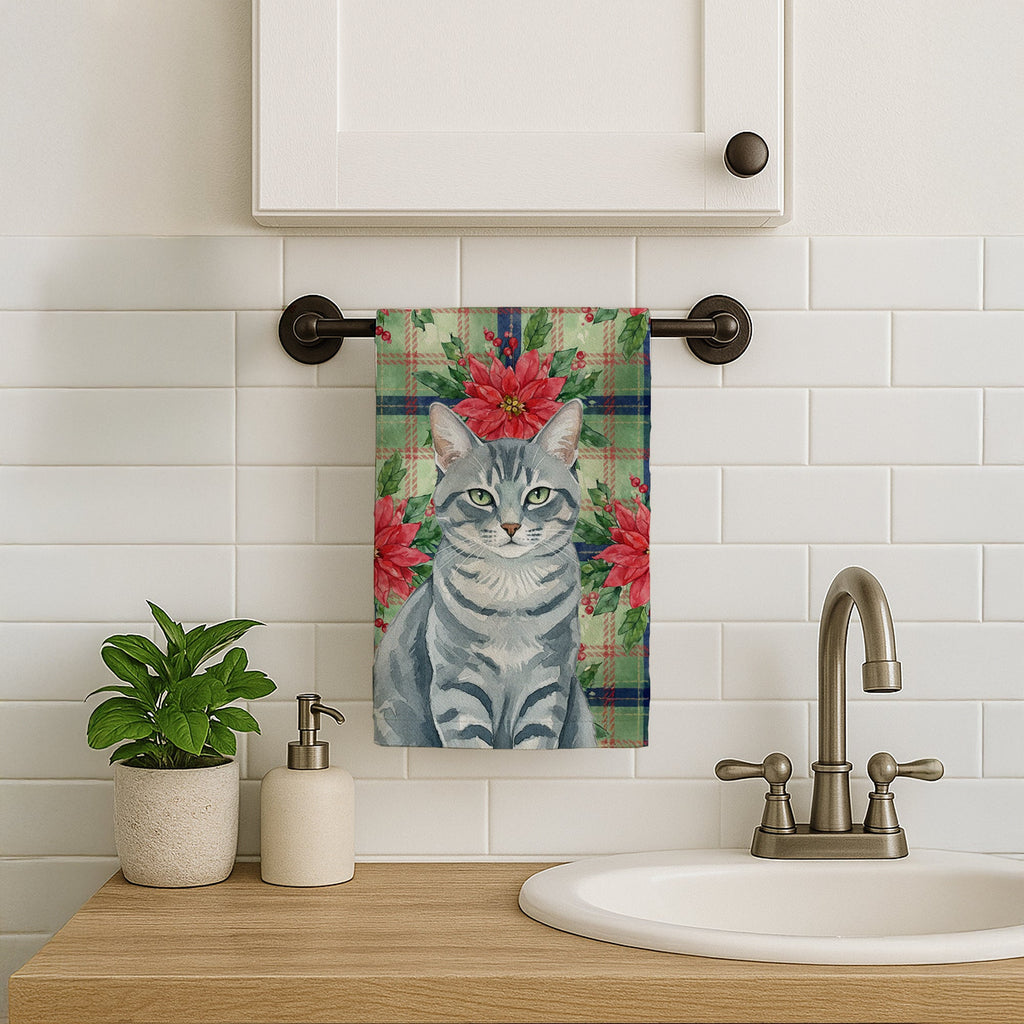 Gray Mackerel Tabby Cat with Poinsettias Kitchen Towel Velour Plush Front and Cotton Loop Back Machine Washable