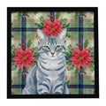 Gray Mackerel Tabby Cat with Poinsettias Framed Metal Print Bathroom, Kitchen, Office, Home Decor Wall Art Ready to Hang, Square, 8X8