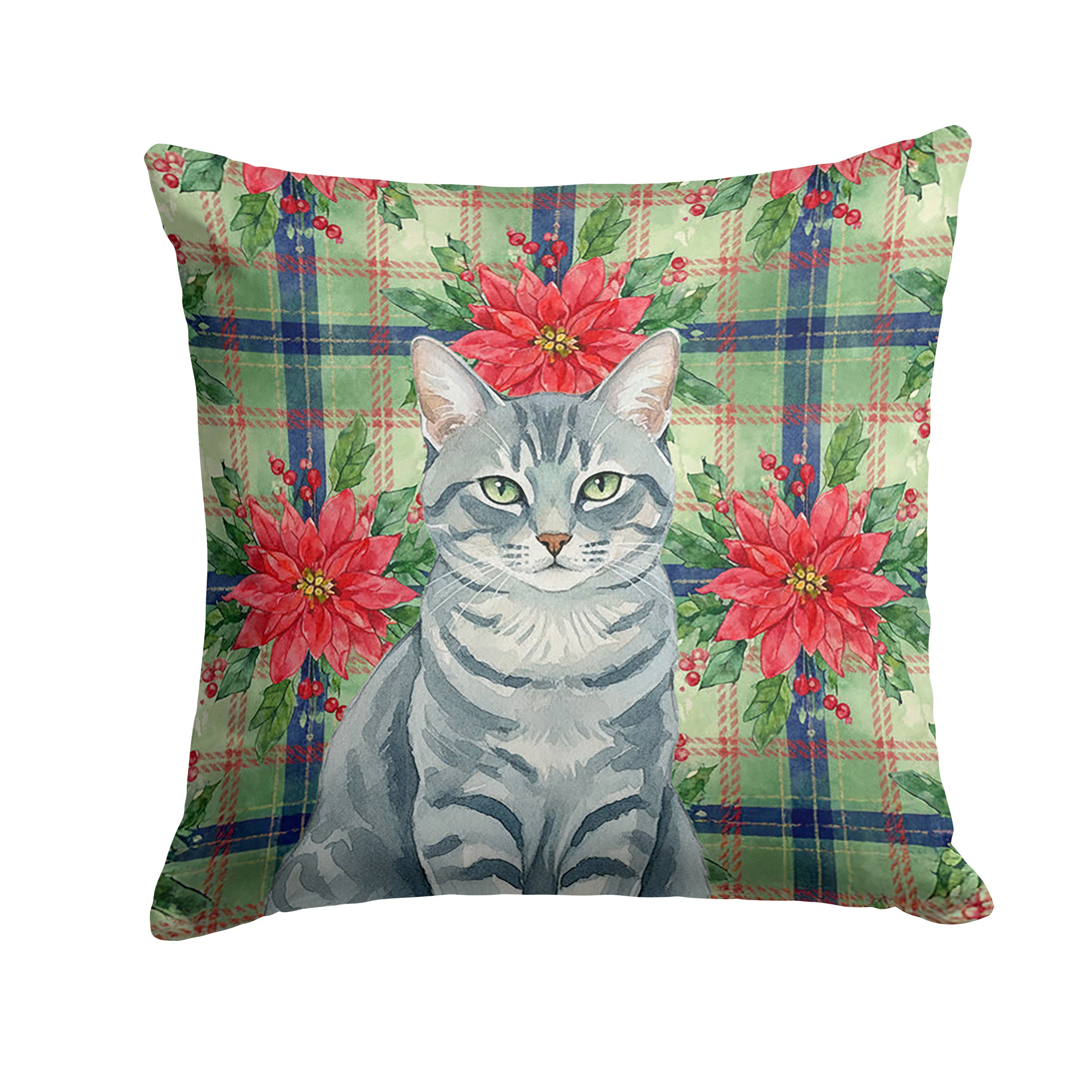 Gray Mackerel Tabby Cat with Poinsettias Decorative Throw Pillow 18x18 Indoor Outdoor Accent Cushion, Fabric Cover with Insert for Sofa, Bed, Porch & Living Room