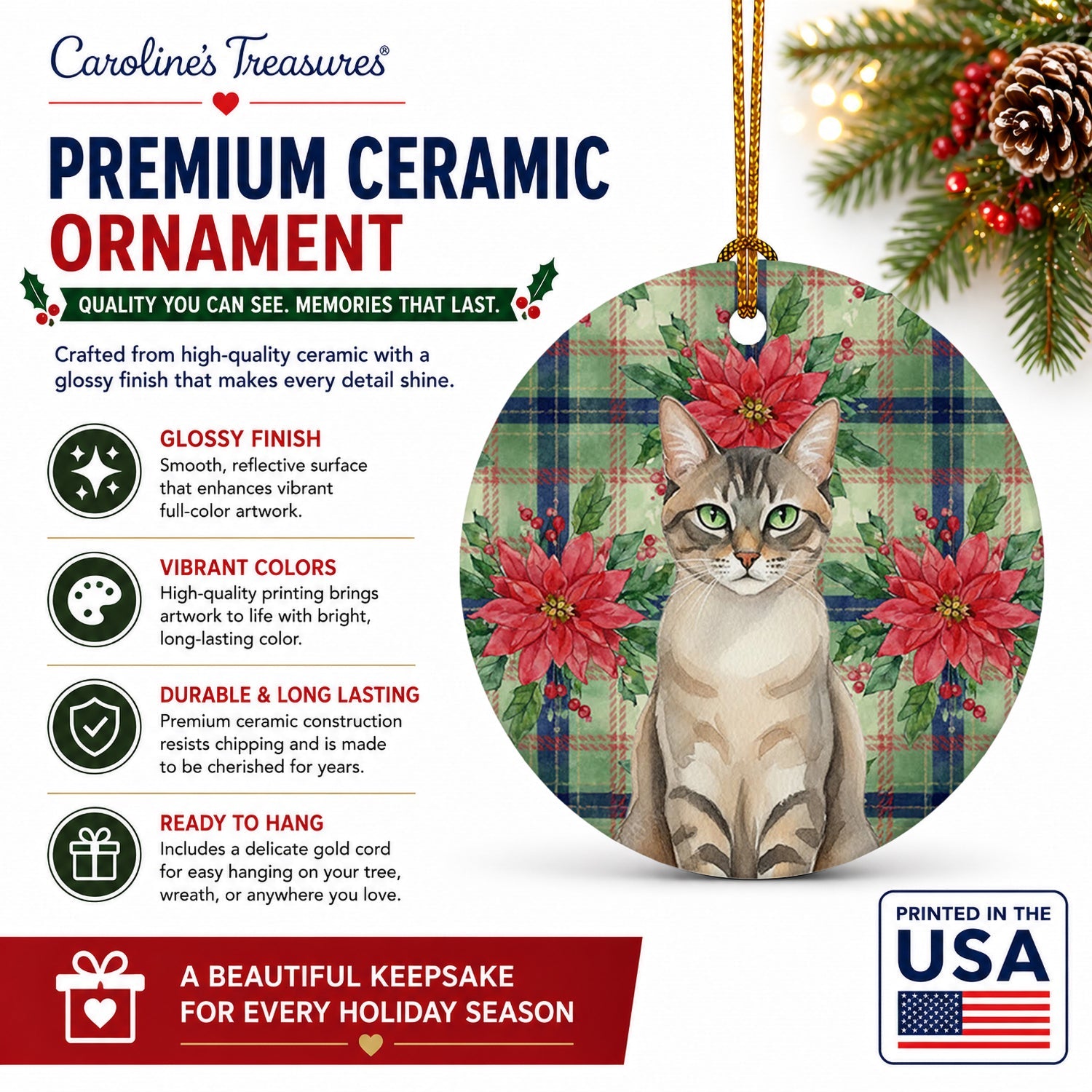 Lynx Point Tabby Cat with Poinsettias Ceramic Ornament Christmas Tree Hanging Decorations for Home Christmas Holiday, Party, Gift, 3 in, Multicolor