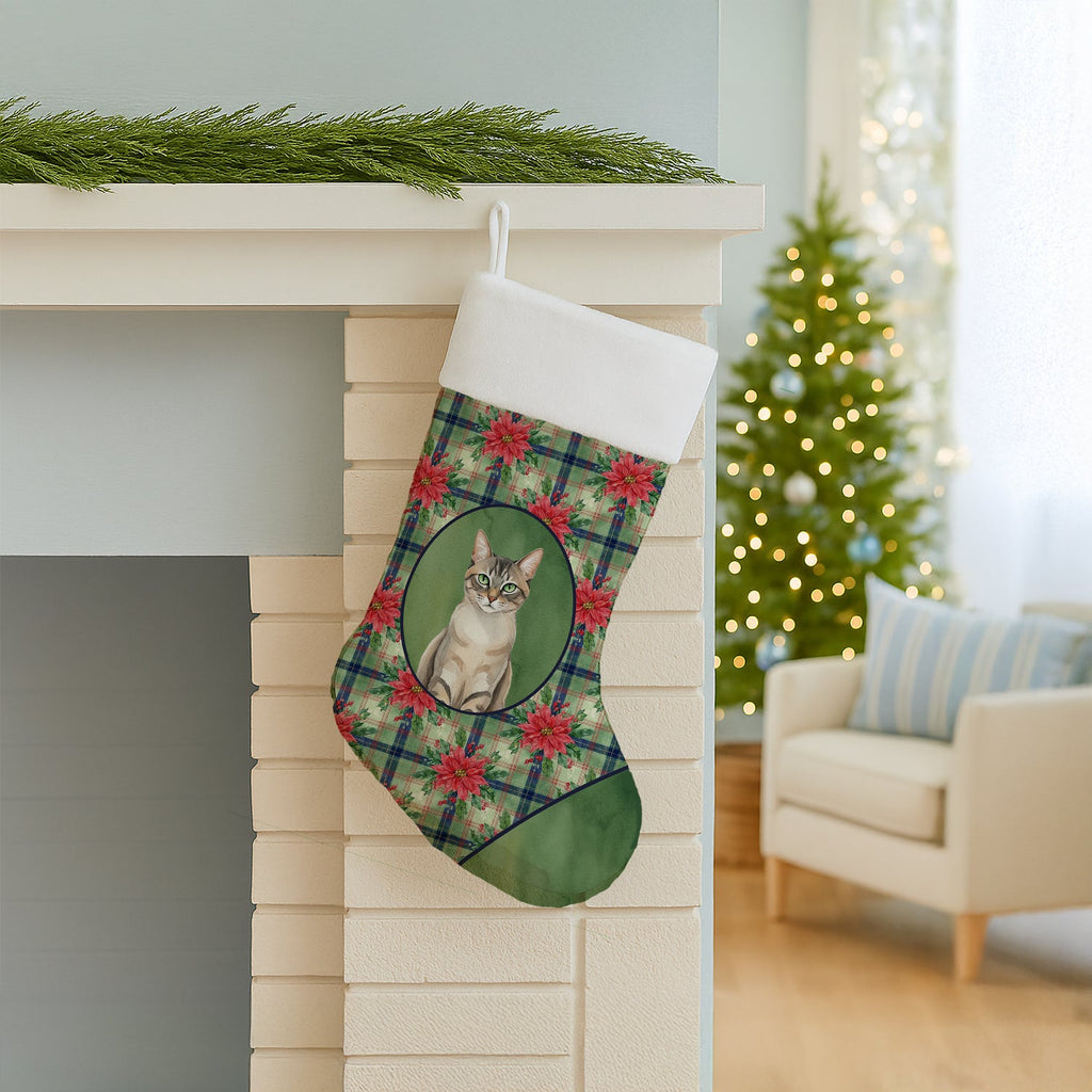 Lynx Point Tabby Cat with Poinsettias Holiday Stocking Double-Sided Print, Polyester Suede,11x18, Made in USA