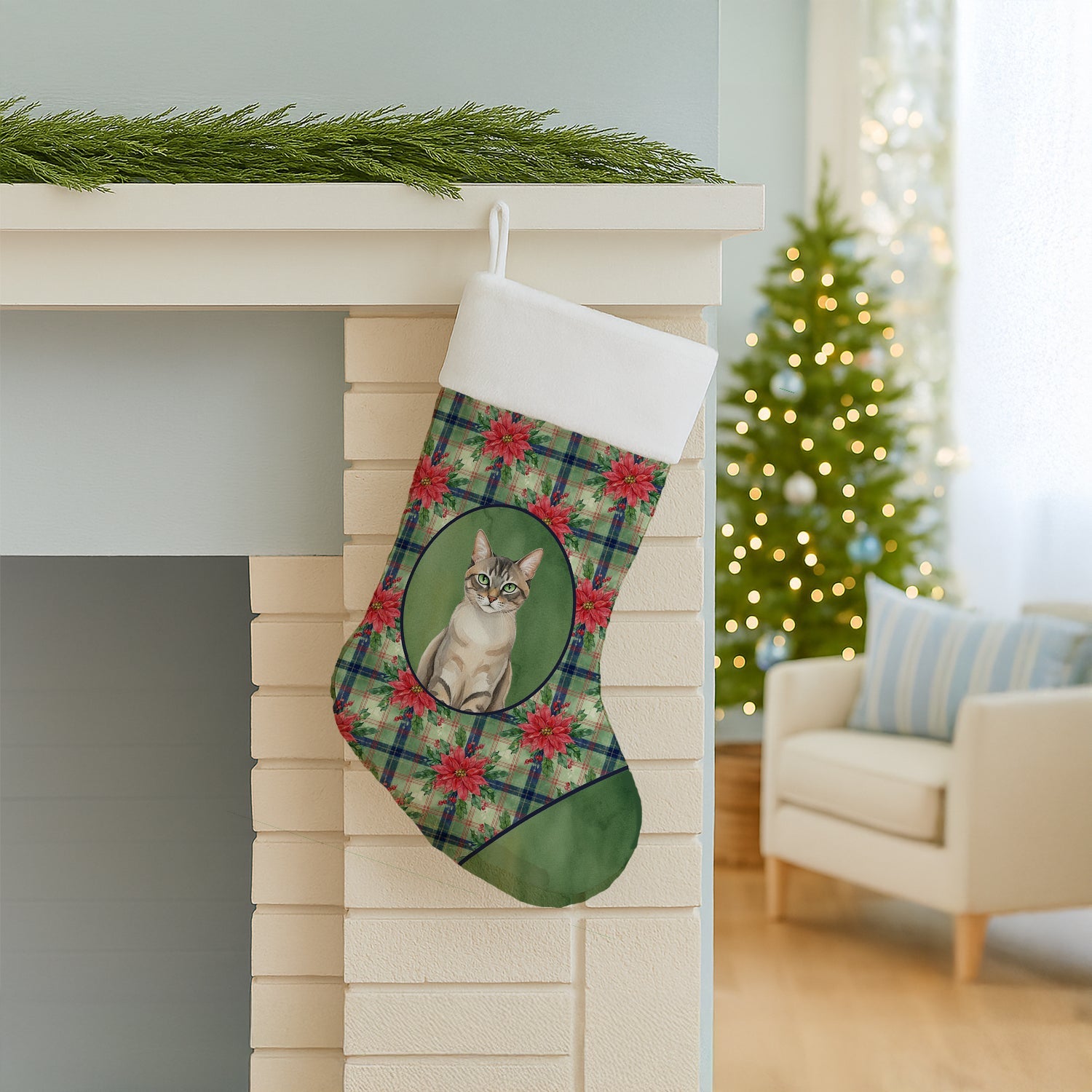 Lynx Point Tabby Cat with Poinsettias Holiday Stocking Double-Sided Print, Polyester Suede,11x18, Made in USA