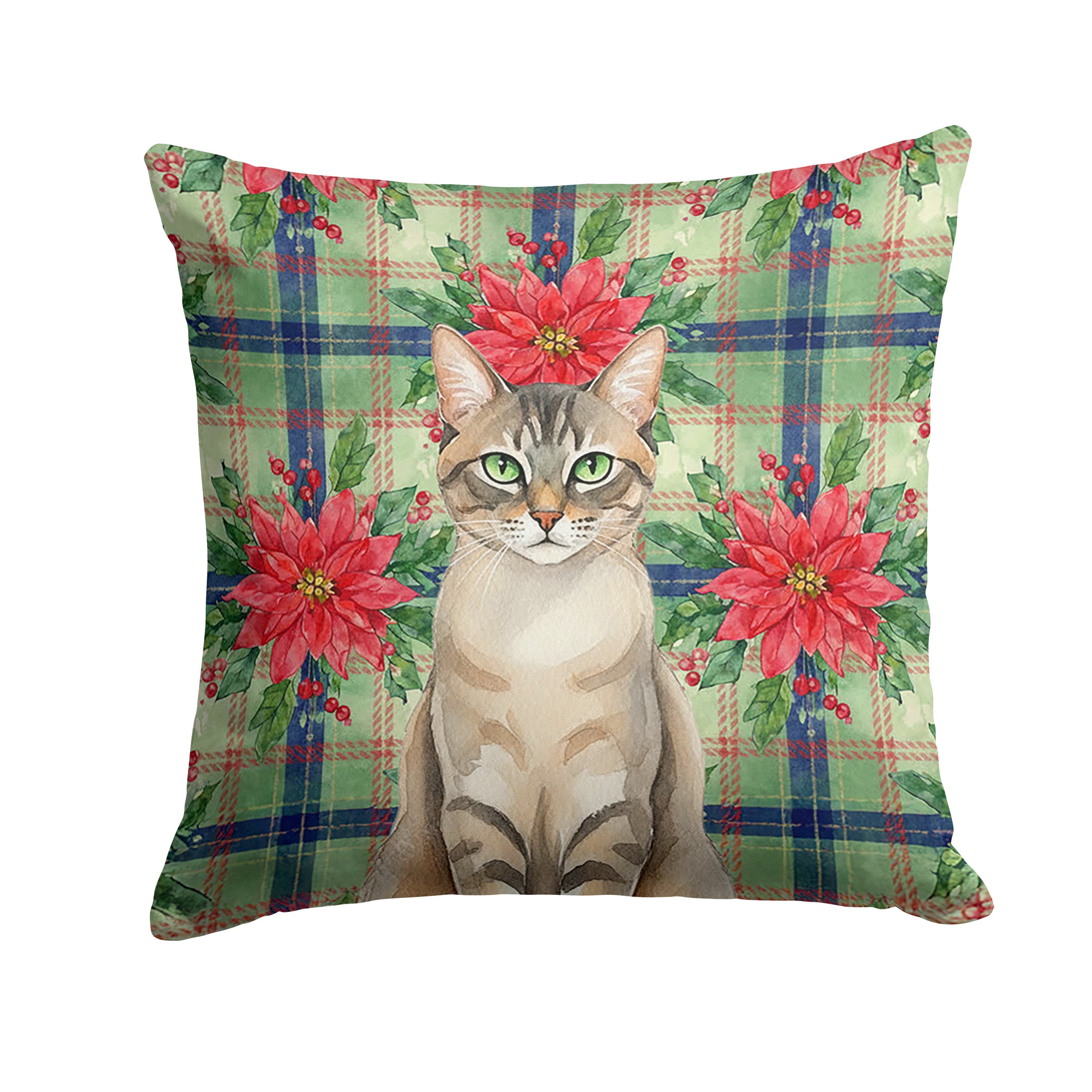 Lynx Point Tabby Cat with Poinsettias Decorative Throw Pillow 18x18 Indoor Outdoor Accent Cushion, Fabric Cover with Insert for Sofa, Bed, Porch & Living Room