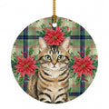 Mackerel Tabby Brown Cat with Poinsettias Ceramic Ornament Christmas Tree Hanging Decorations for Home Christmas Holiday, Party, Gift, 3 in, Multicolor