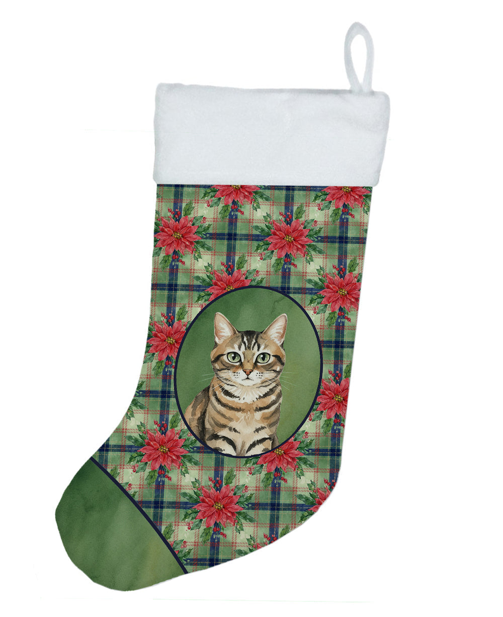 Mackerel Tabby Brown Cat with Poinsettias Holiday Stocking Double-Sided Print, Polyester Suede,11x18, Made in USA