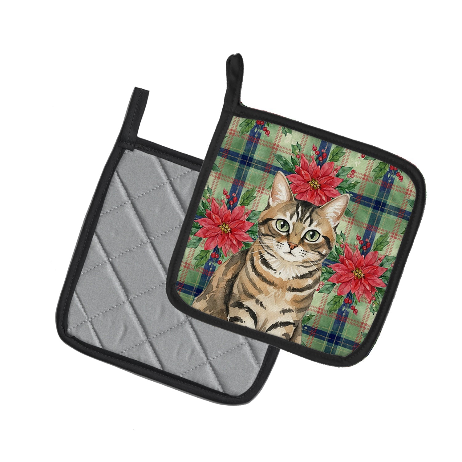 Mackerel Tabby Brown Cat with Poinsettias Pot Holder Set of 2 Heat Resistant Quilted Hot Pads 7.5 x 7.5 Inch, Insulated Kitchen Trivets for Cooking & Baking