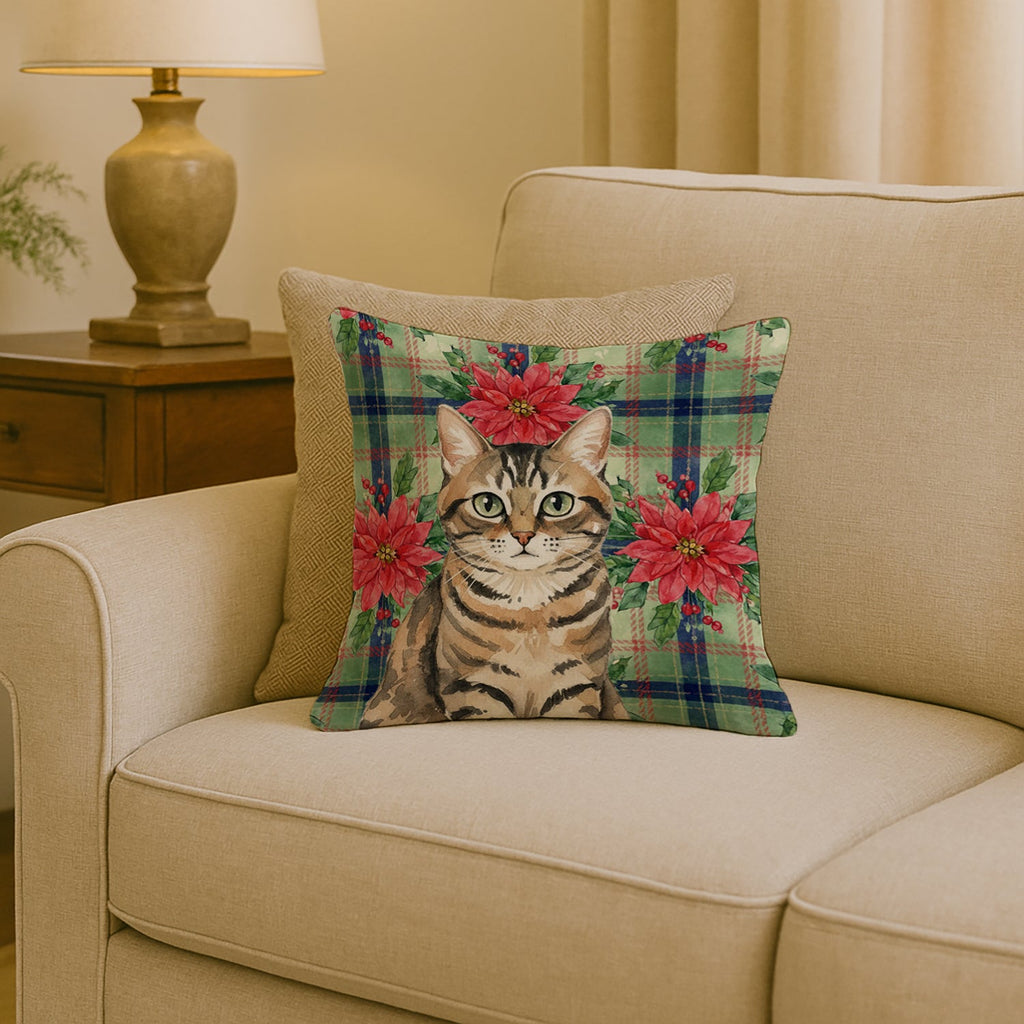 Mackerel Tabby Brown Cat with Poinsettias Decorative Throw Pillow 18x18 Indoor Outdoor Accent Cushion, Fabric Cover with Insert for Sofa, Bed, Porch & Living Room