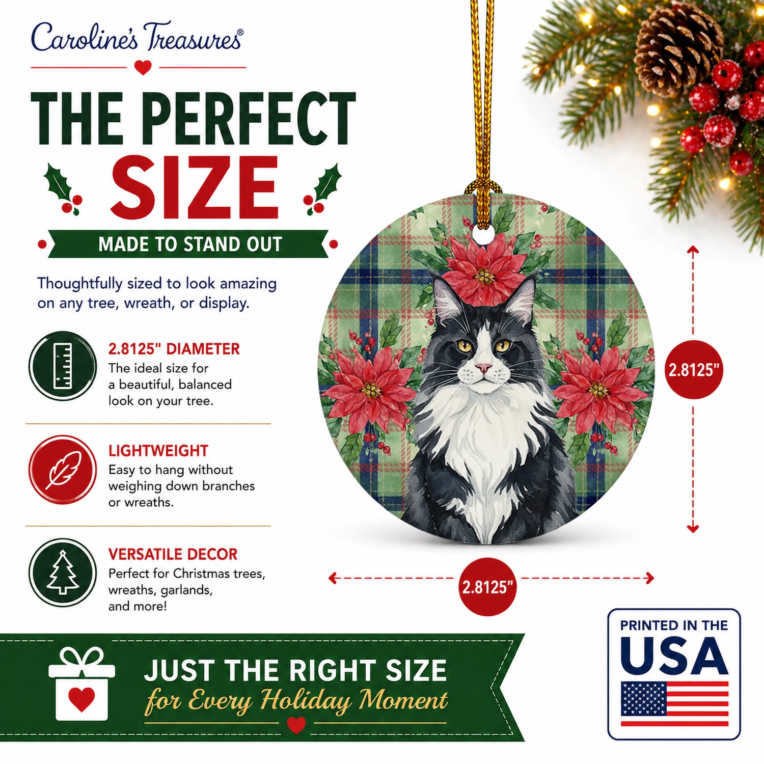 MaineCoon Black and White Cat with Poinsettias Ceramic Ornament Christmas Tree Hanging Decorations for Home Christmas Holiday, Party, Gift, 3 in, Multicolor