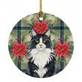 MaineCoon Black and White Cat with Poinsettias Ceramic Ornament Christmas Tree Hanging Decorations for Home Christmas Holiday, Party, Gift, 3 in, Multicolor