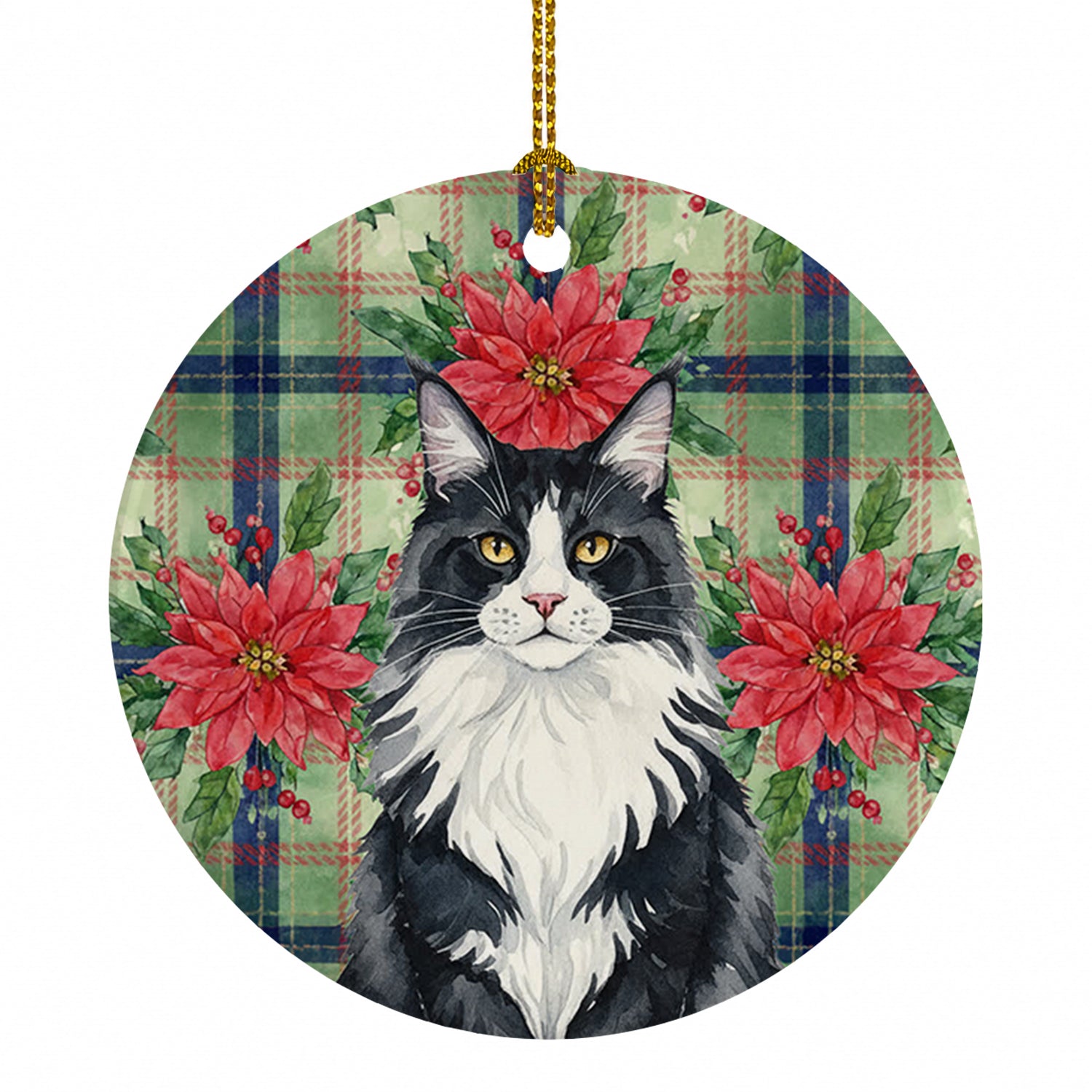 MaineCoon Black and White Cat with Poinsettias Ceramic Ornament Christmas Tree Hanging Decorations for Home Christmas Holiday, Party, Gift, 3 in, Multicolor