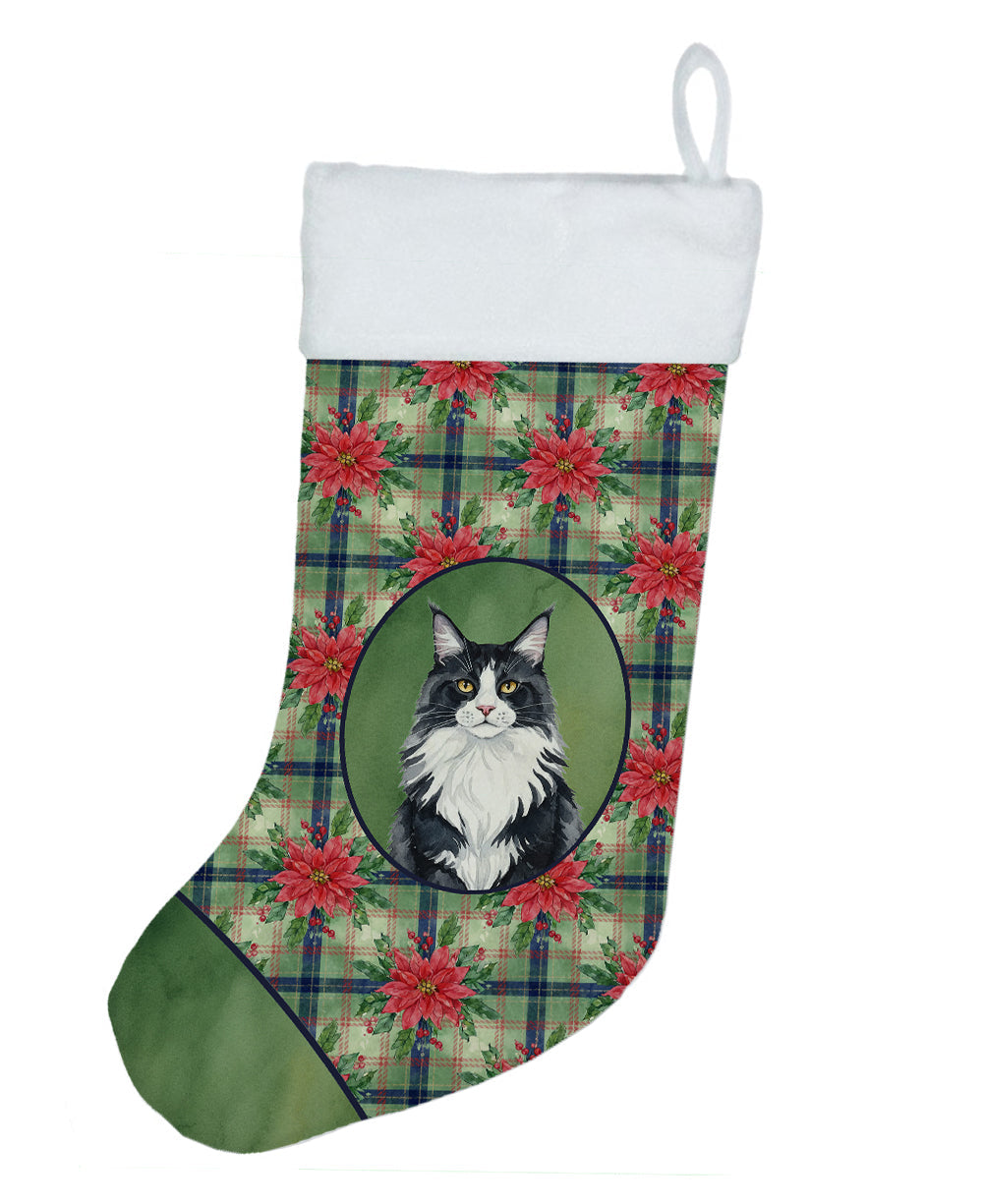 MaineCoon Black and White Cat with Poinsettias Holiday Stocking Double-Sided Print, Polyester Suede,11x18, Made in USA